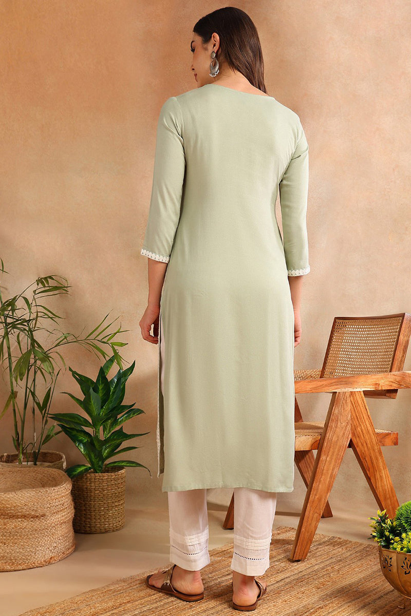 Green Viscose Rayon Solid Embroidered Chikankari Straight Kurta | SHOBITAM