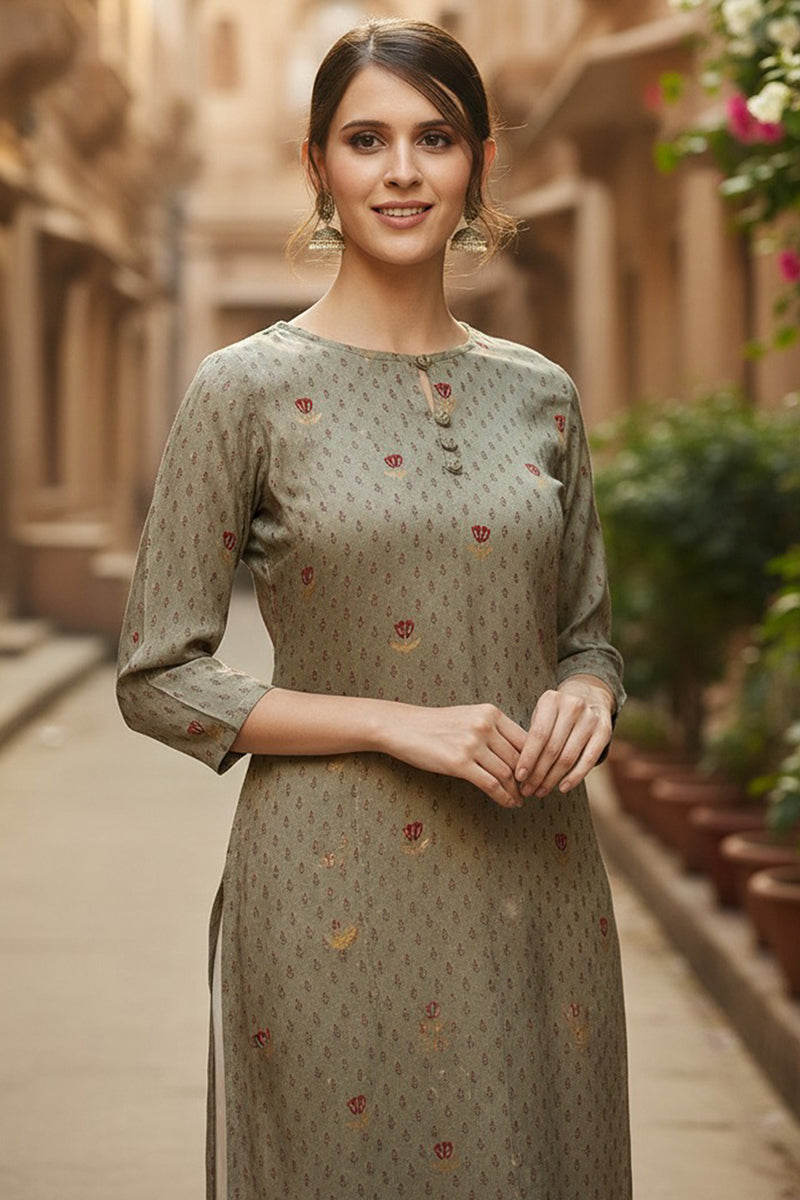 Olive Viscose Rayon Solid Printed Straight Kurta | SHOBITAM