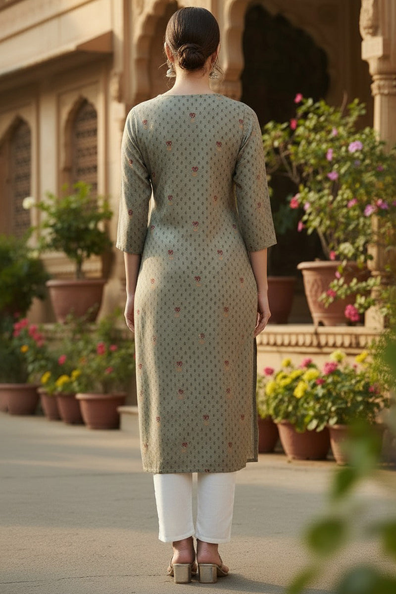 Olive Viscose Rayon Solid Printed Straight Kurta | SHOBITAM