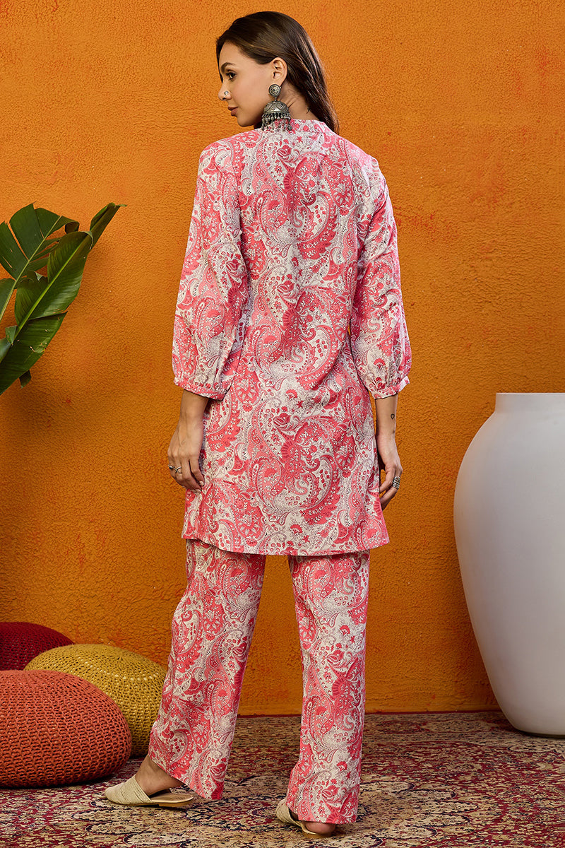 Pink Rayon Blend Paisley Printed Straight Co-ords Sets |SHOBITAM