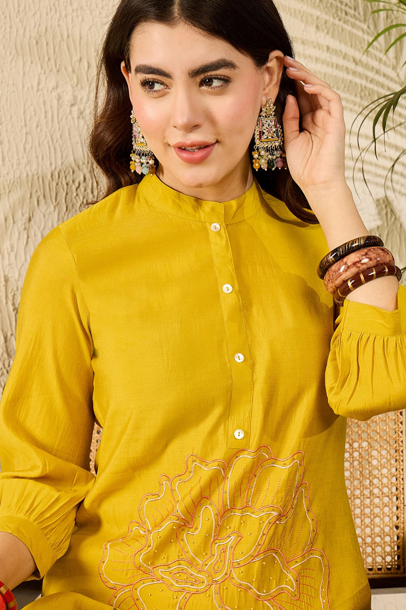 Mustard Silk Blend Solid Embroidered Regular Coord Sets  | SHOBITAM