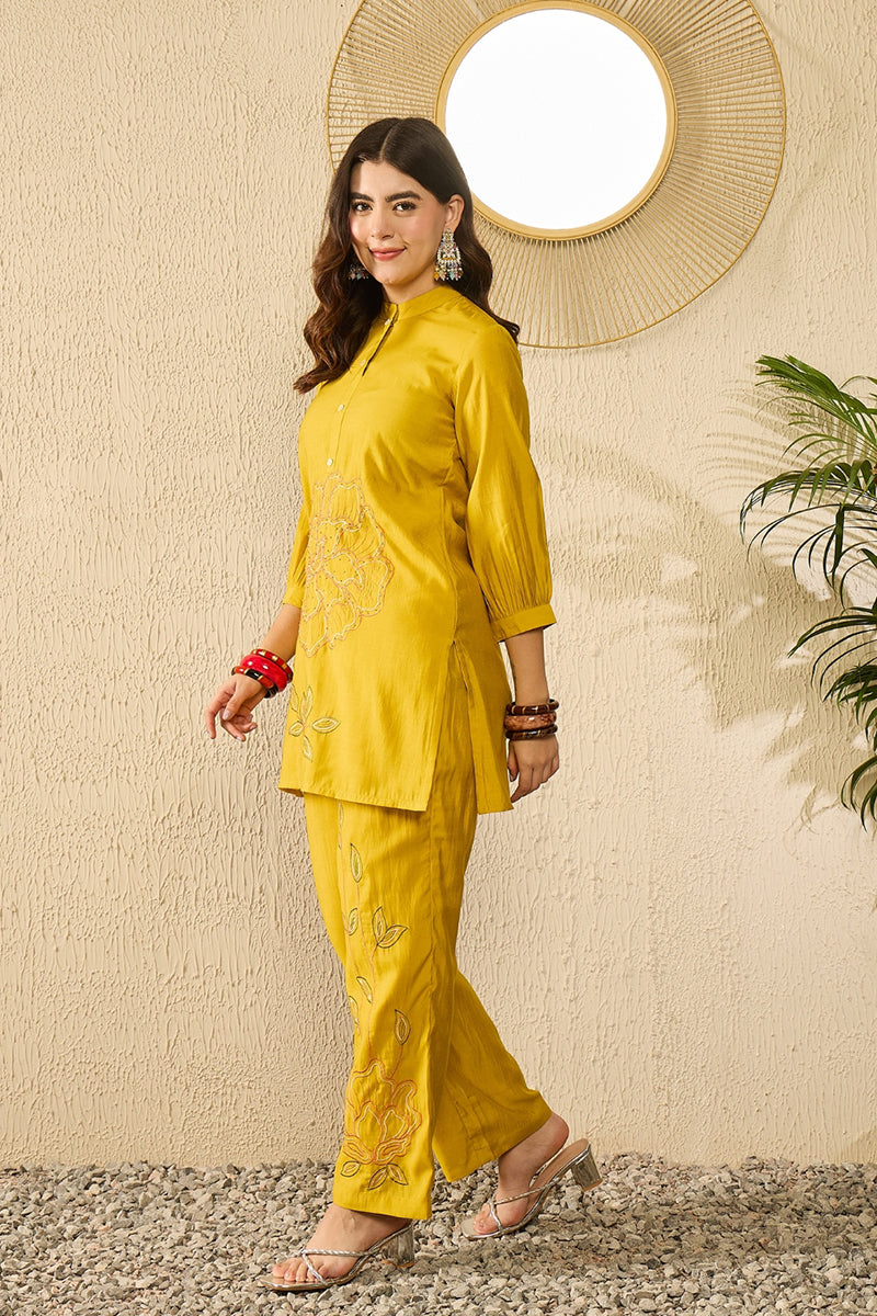 Mustard Silk Blend Solid Embroidered Regular Coord Sets  | SHOBITAM