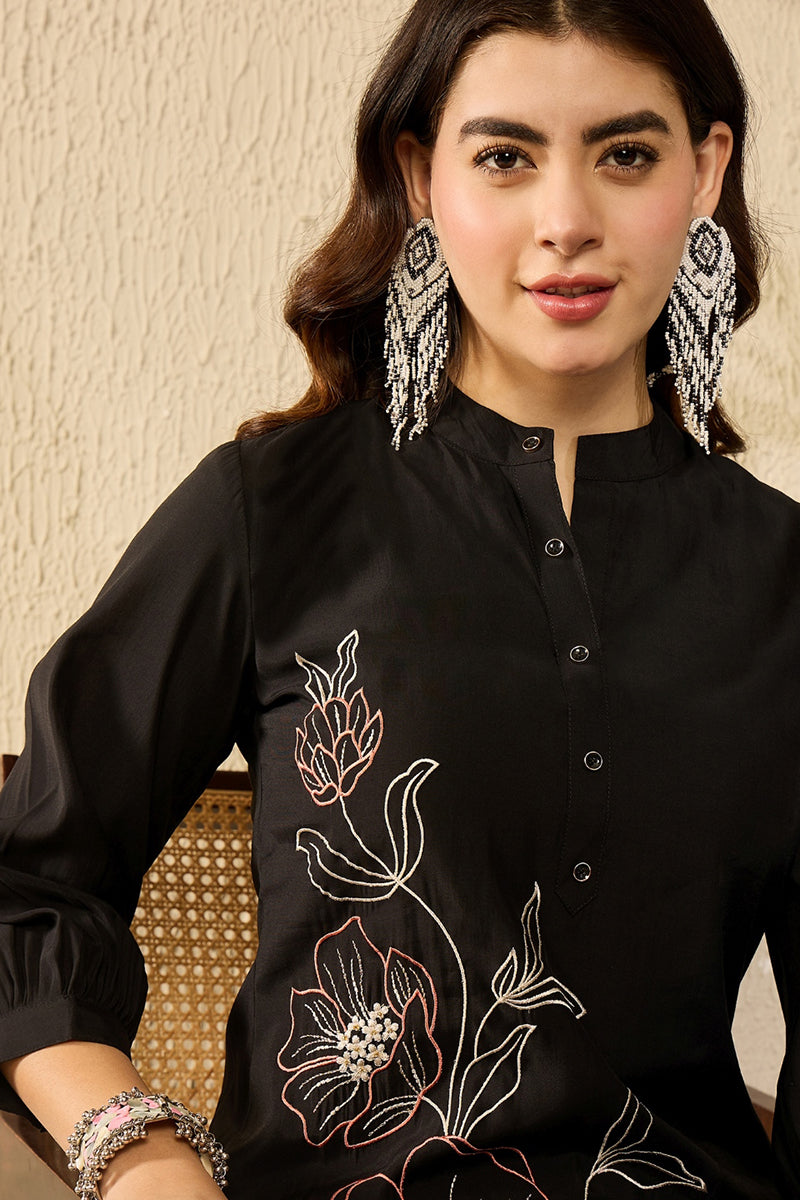 Black Silk Blend Solid Embroidered Coord Sets  | SHOBITAM