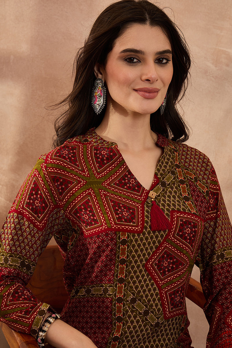 Red Viscose Rayon Printed Straight Coord Sets | SHOBITAM