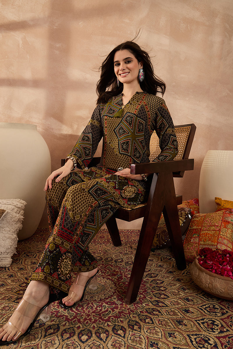 Green Viscose Rayon Printed Straight Coord Sets | SHOBITAM