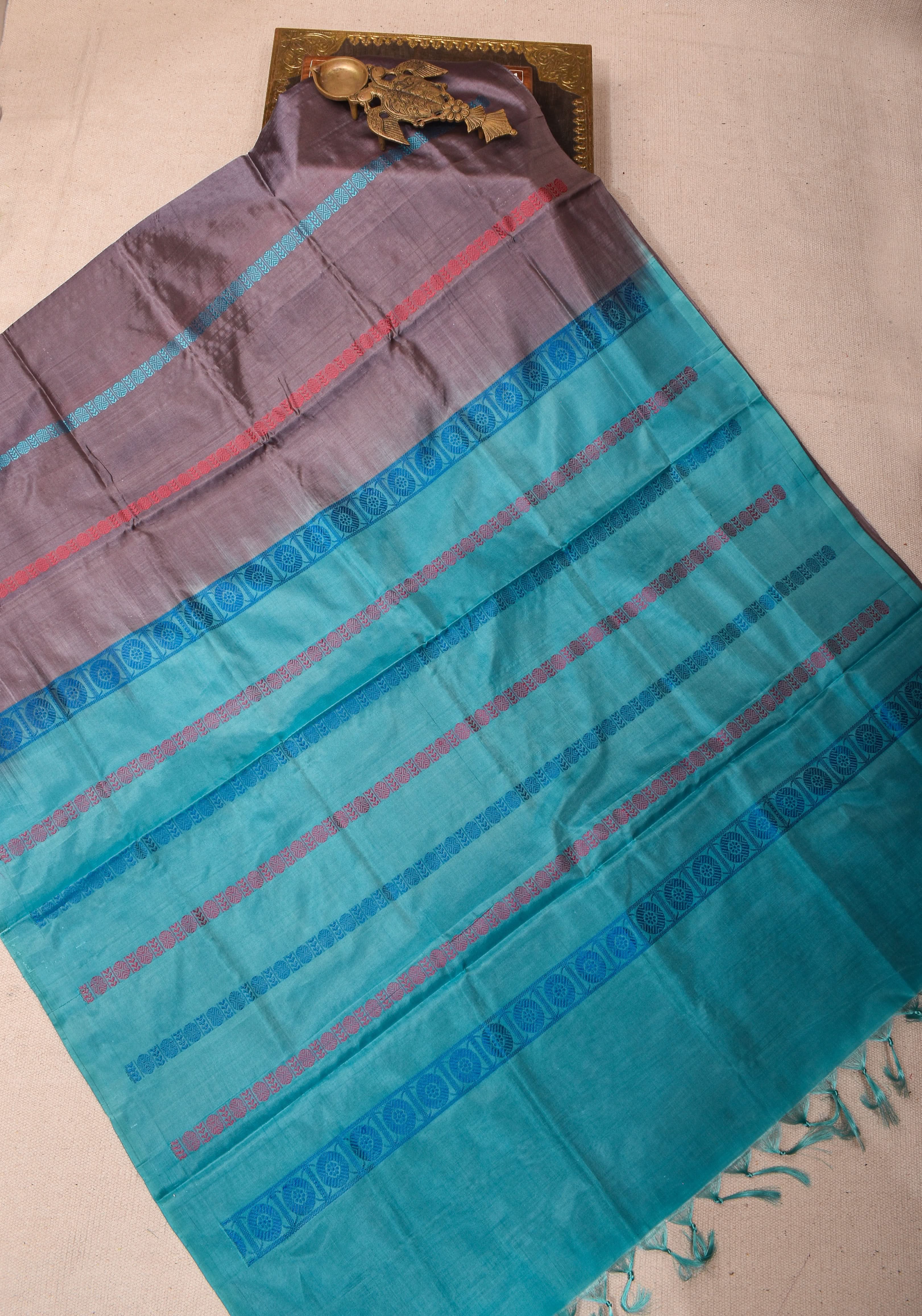 Vegan Silk Saree in Gray with Fancy Cyan Pallu – A Refined Fusion of Subtlety and Vibrance | Shobitam