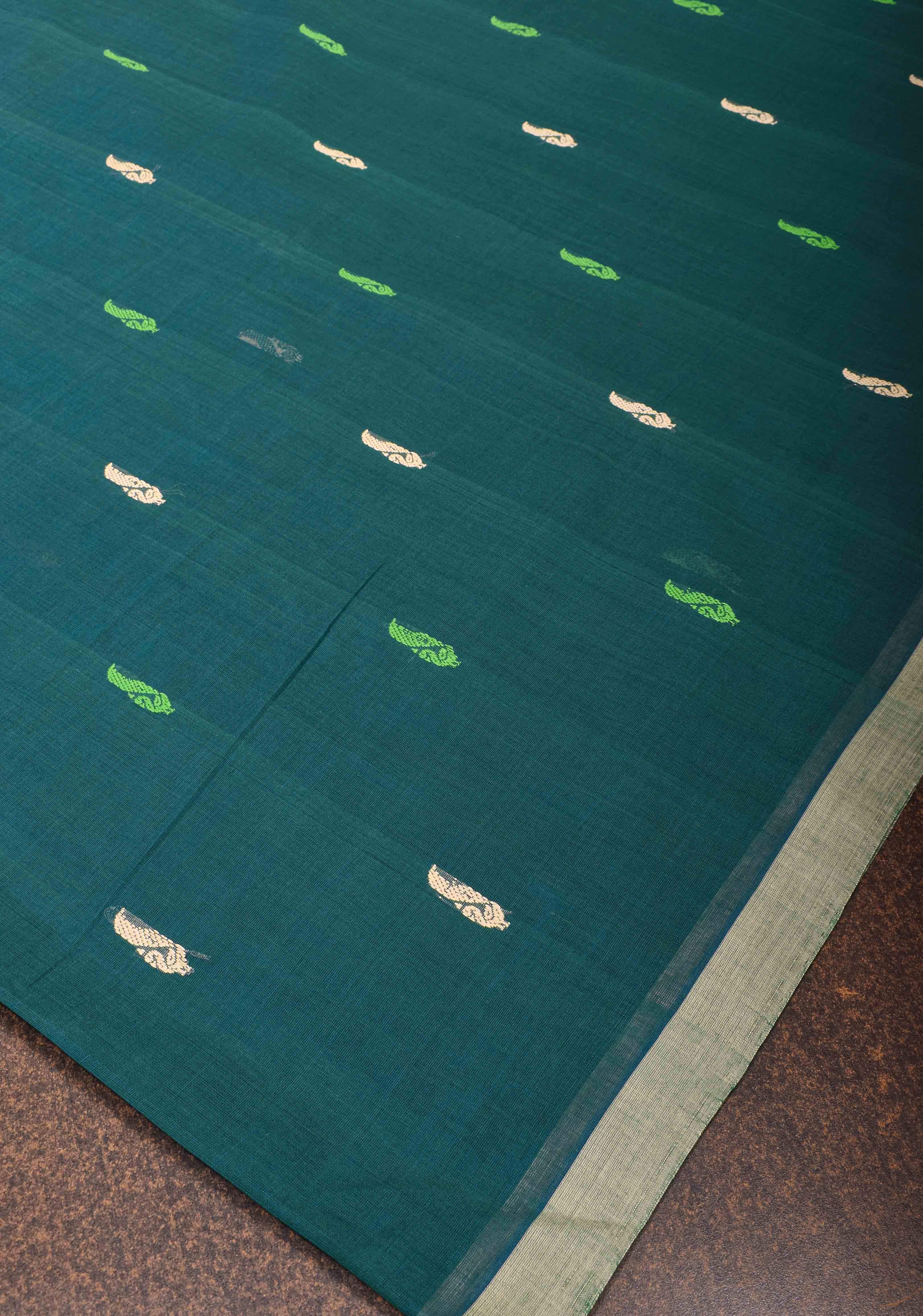 Kenaf Cotton Vegan Handloom Saree in Teal with Meenakari Resham Buttas and Minimal Border (No Blouse Piece) | SHOBITAM