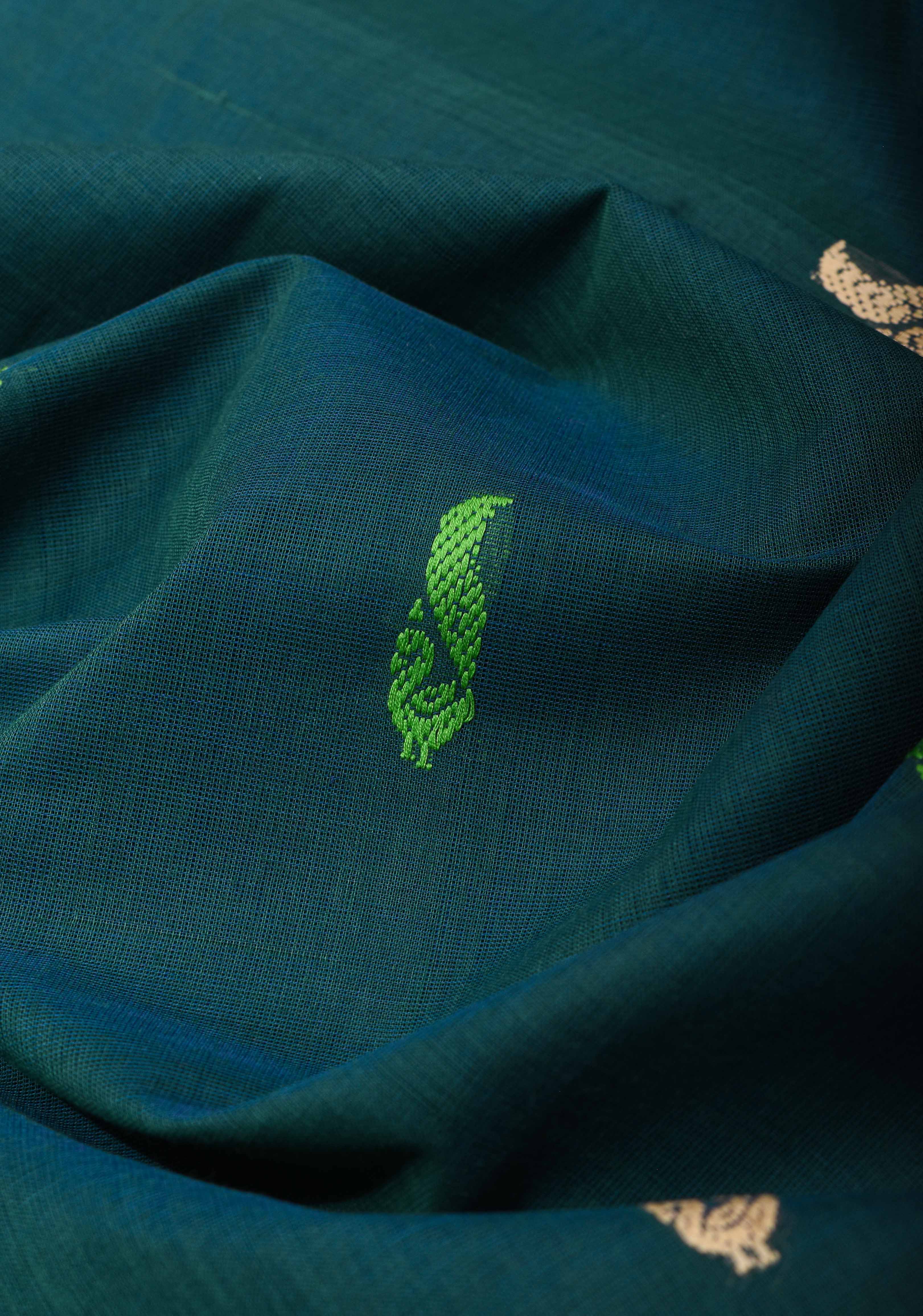 Kenaf Cotton Vegan Handloom Saree in Teal with Meenakari Resham Buttas and Minimal Border (No Blouse Piece) | SHOBITAM