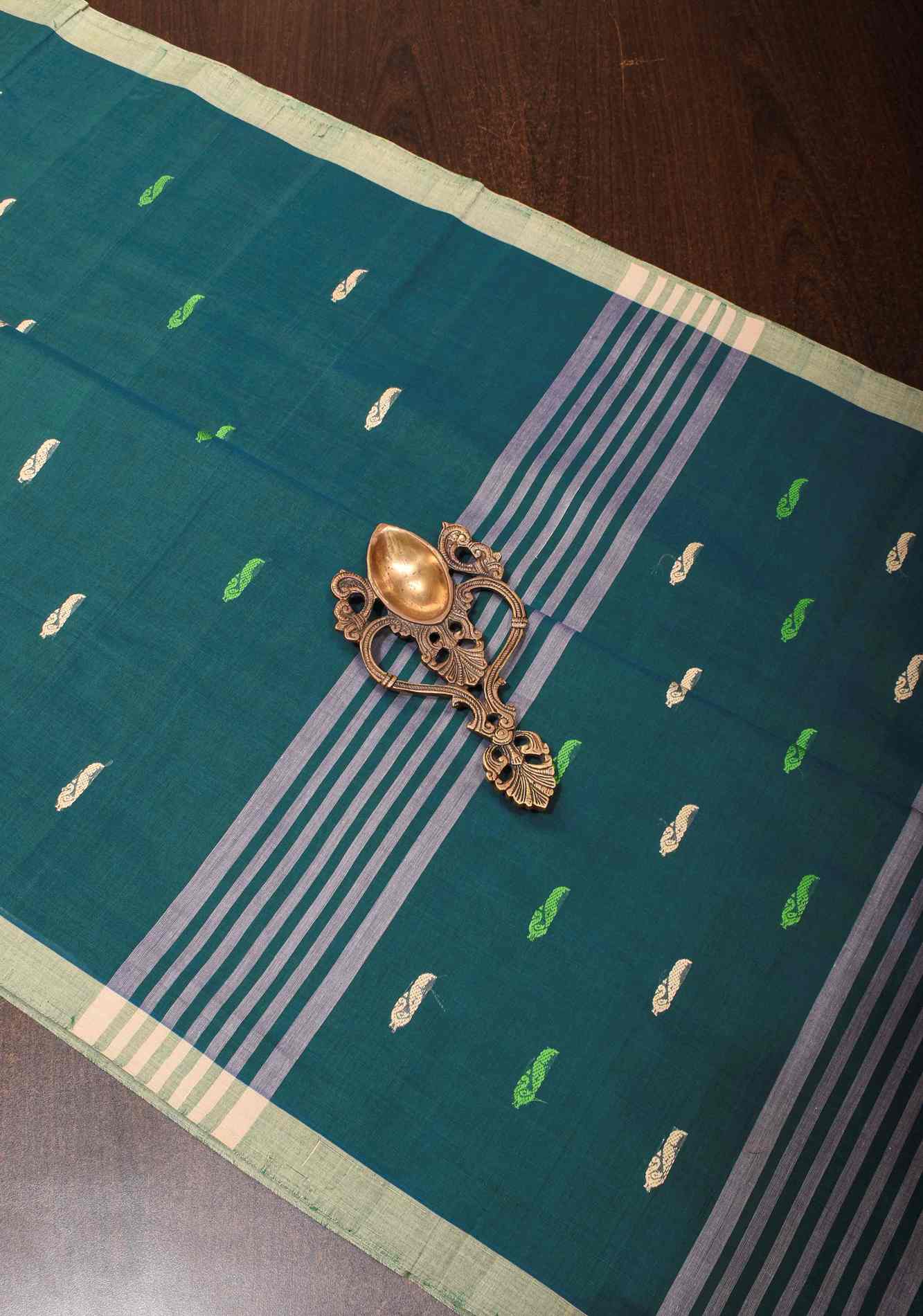 Kenaf Cotton Vegan Handloom ready to wear Saree in Teal with Meenakari Resham Buttas and Minimal Border (No Blouse Piece) Ready to wear saree