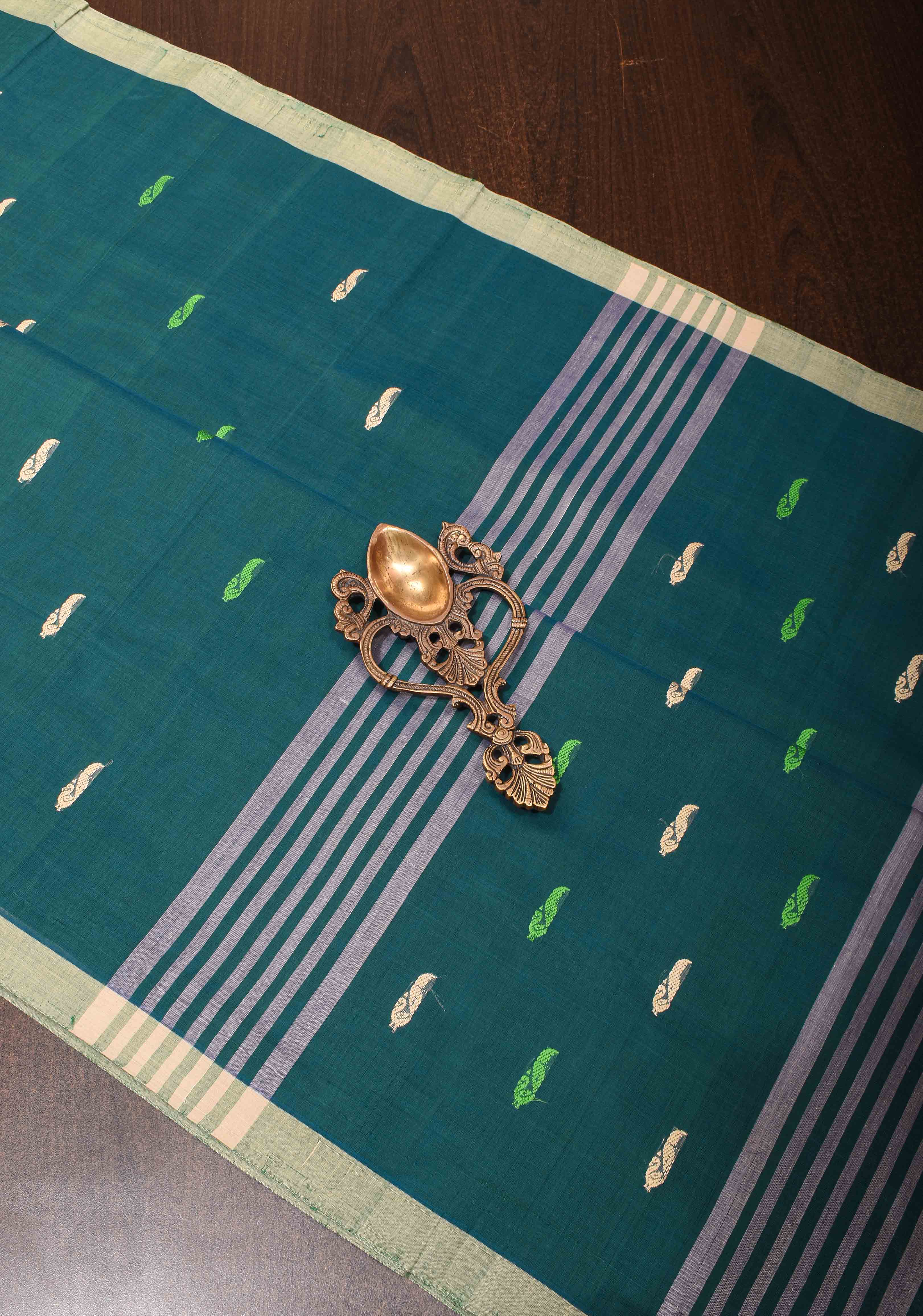 Kenaf Cotton Vegan Handloom Saree in Teal with Meenakari Resham Buttas and Minimal Border (No Blouse Piece) | SHOBITAM