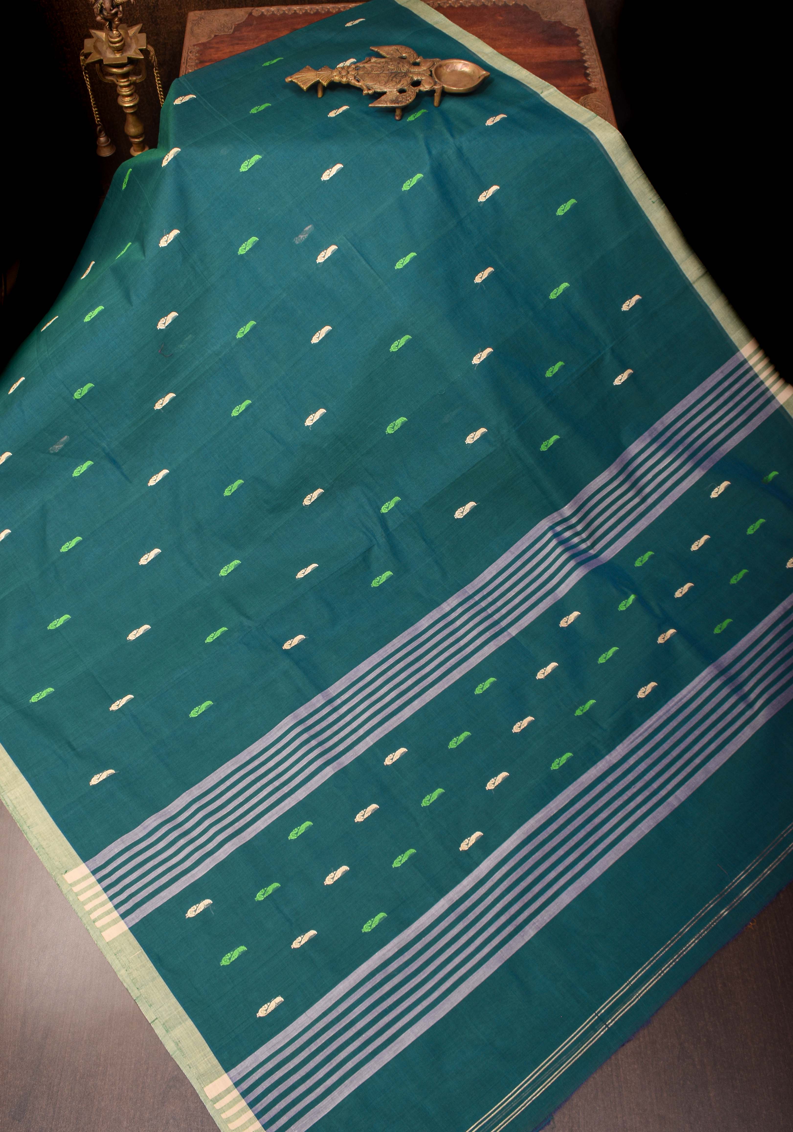 Kenaf Cotton Vegan Handloom Saree in Teal with Meenakari Resham Buttas and Minimal Border (No Blouse Piece) | SHOBITAM