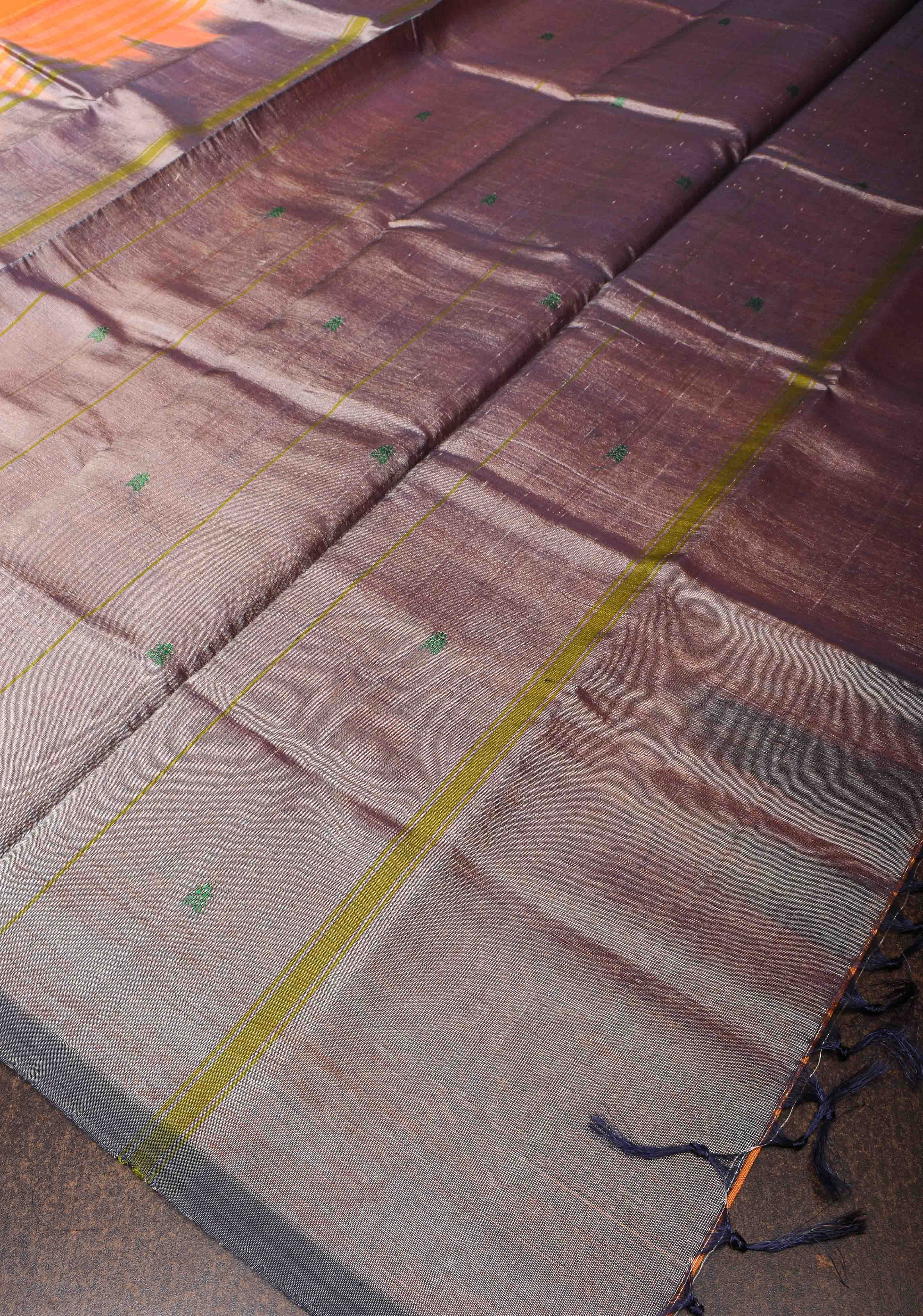 Vegan Silk Handloom Saree in Orange with resham buttas and Gray Contrast Pallu , No Blouse piece | SHOBITAM