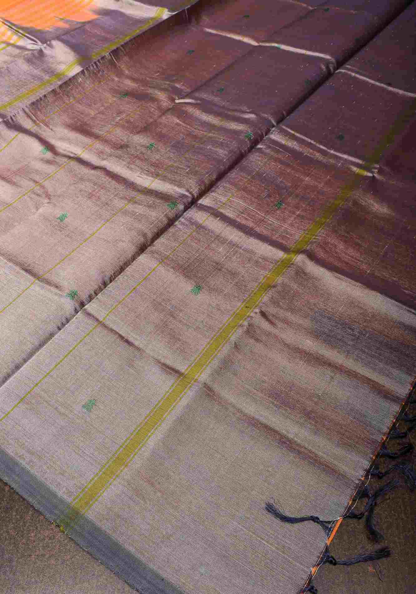 Vegan Silk Handloom stitched Saree in Orange with resham buttas and Gray Contrast Pallu , No Blouse piece Ready to wear saree