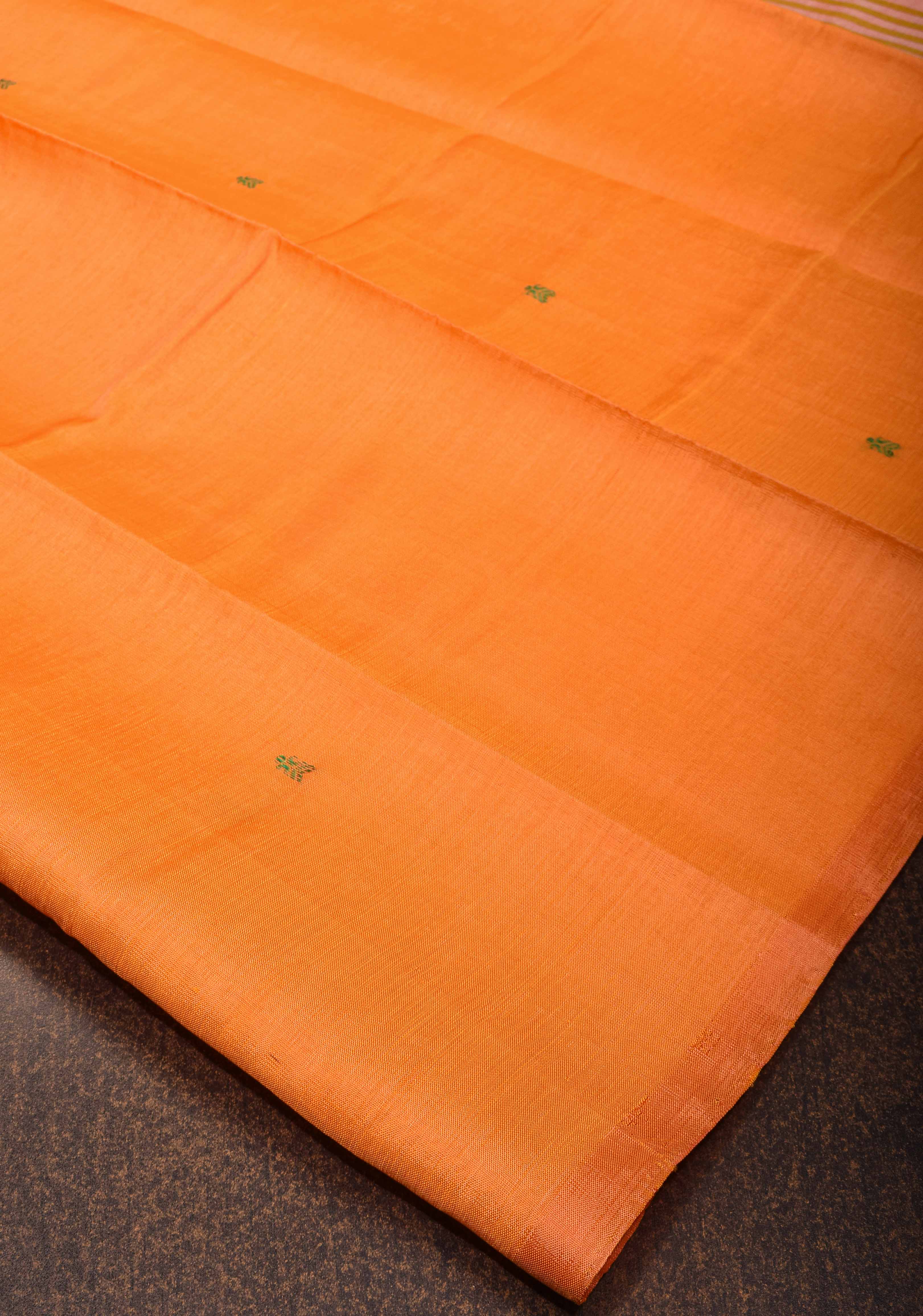Vegan Silk Handloom Saree in Orange with resham buttas and Gray Contrast Pallu , No Blouse piece | SHOBITAM