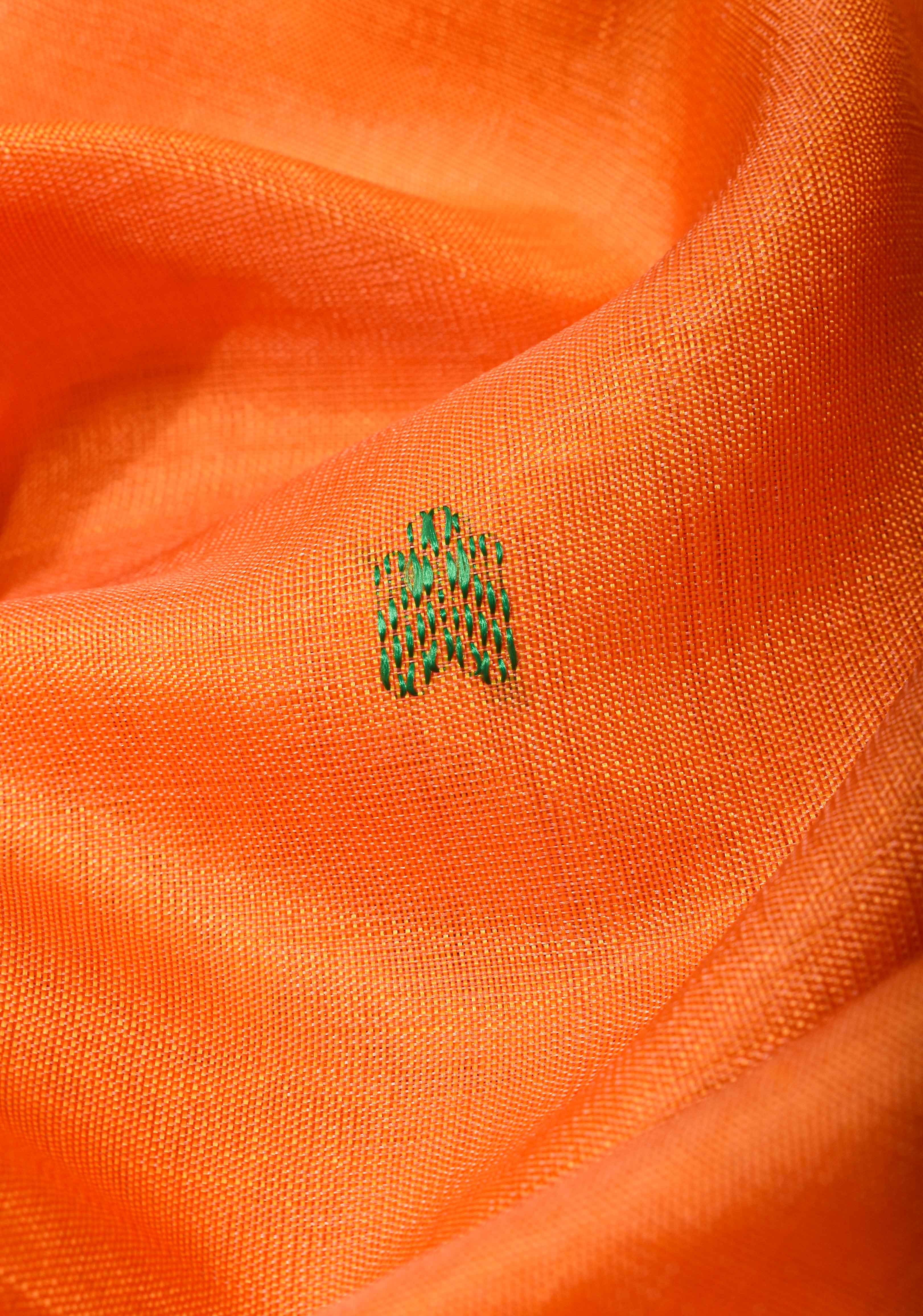 Vegan Silk Handloom Saree in Orange with resham buttas and Gray Contrast Pallu , No Blouse piece | SHOBITAM