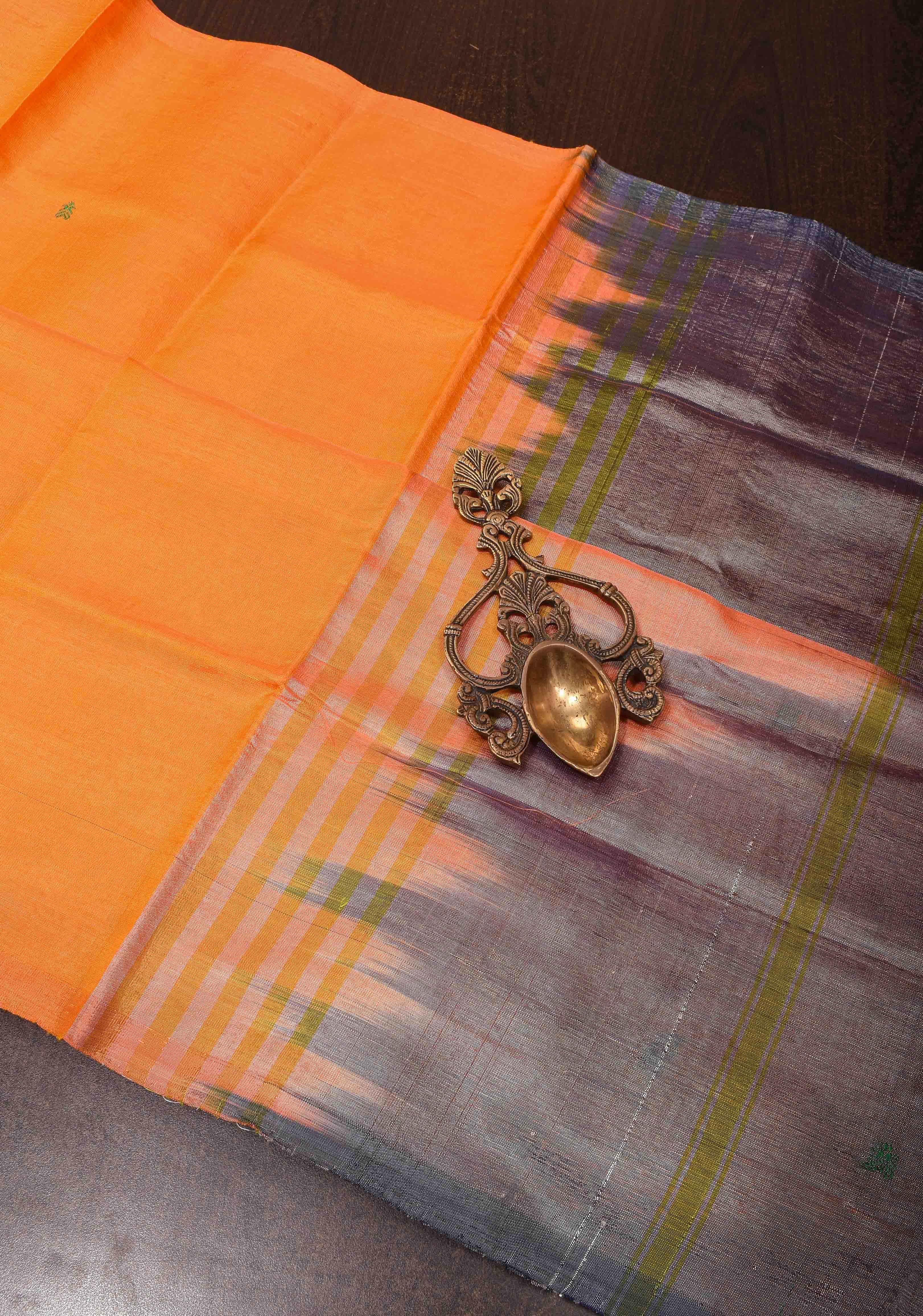 Vegan Silk Handloom Saree in Orange with resham buttas and Gray Contrast Pallu , No Blouse piece | SHOBITAM