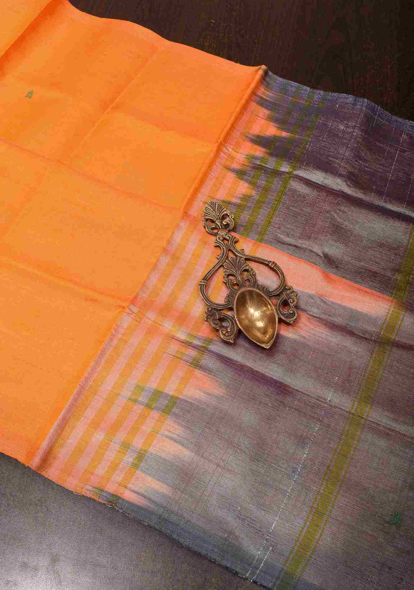 Vegan Silk Handloom stitched Saree in Orange with resham buttas and Gray Contrast Pallu , No Blouse piece Ready to wear saree