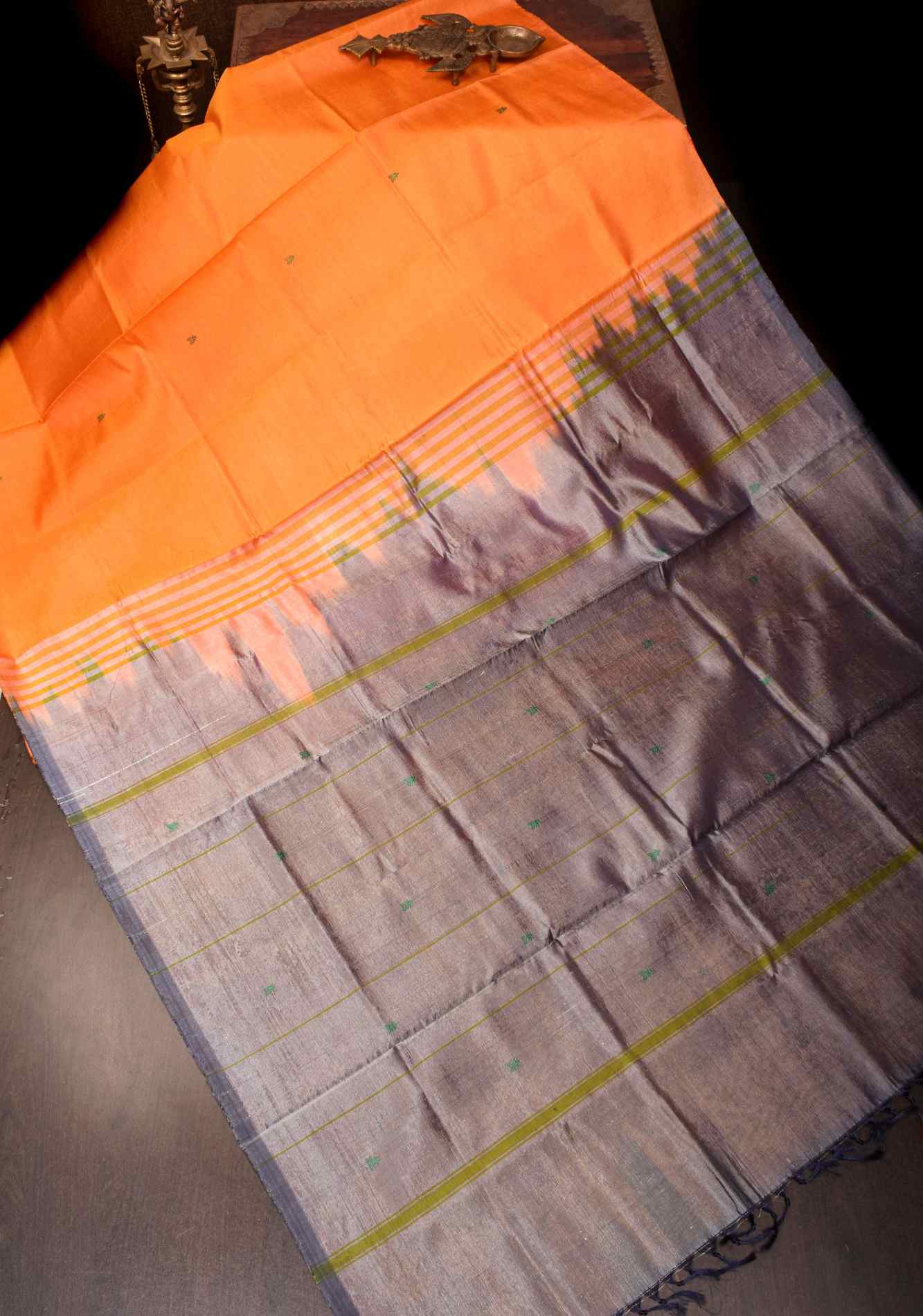 Vegan Silk Handloom stitched Saree in Orange with resham buttas and Gray Contrast Pallu , No Blouse piece Ready to wear saree