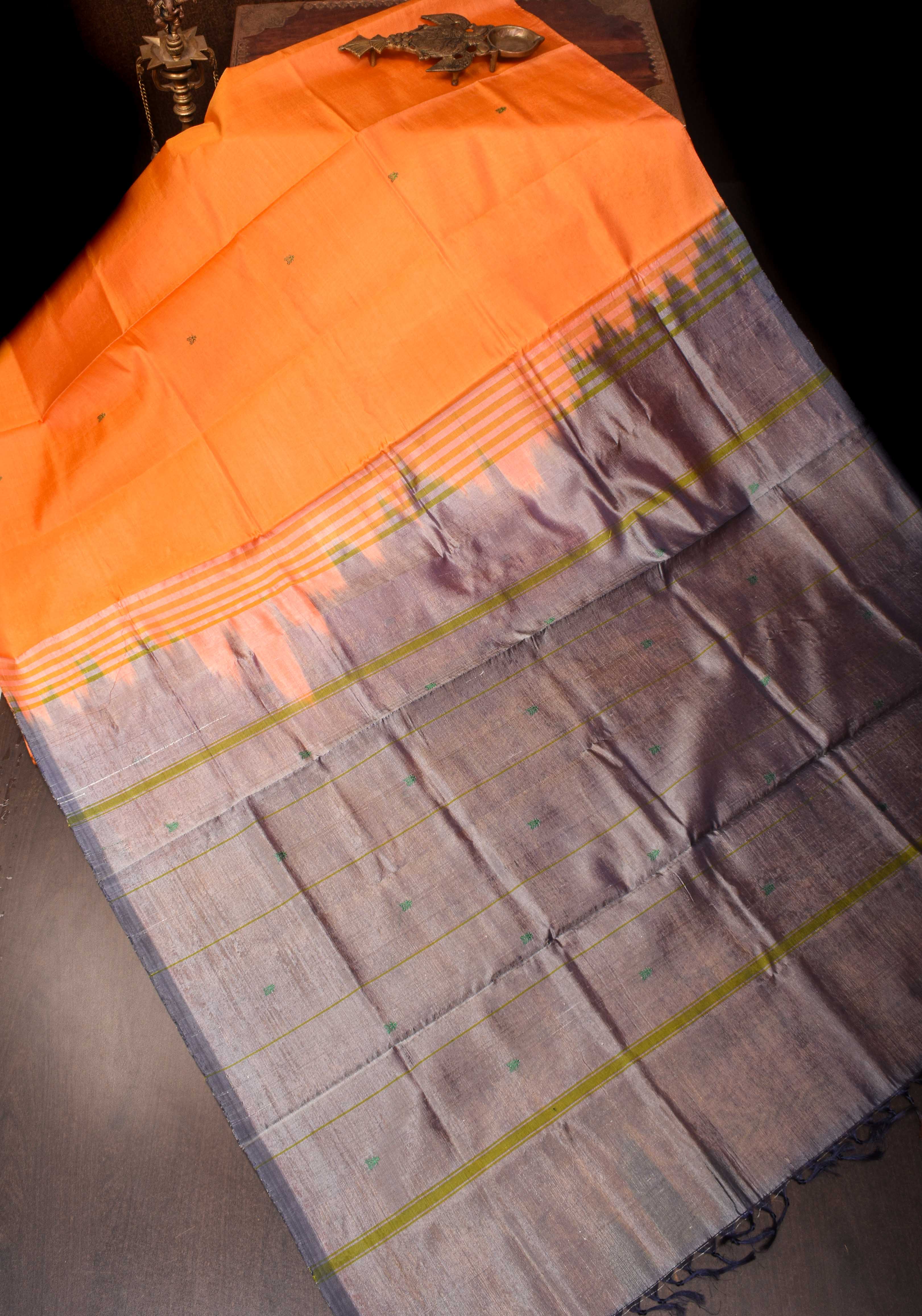 Vegan Silk Handloom Saree in Orange with resham buttas and Gray Contrast Pallu , No Blouse piece | SHOBITAM