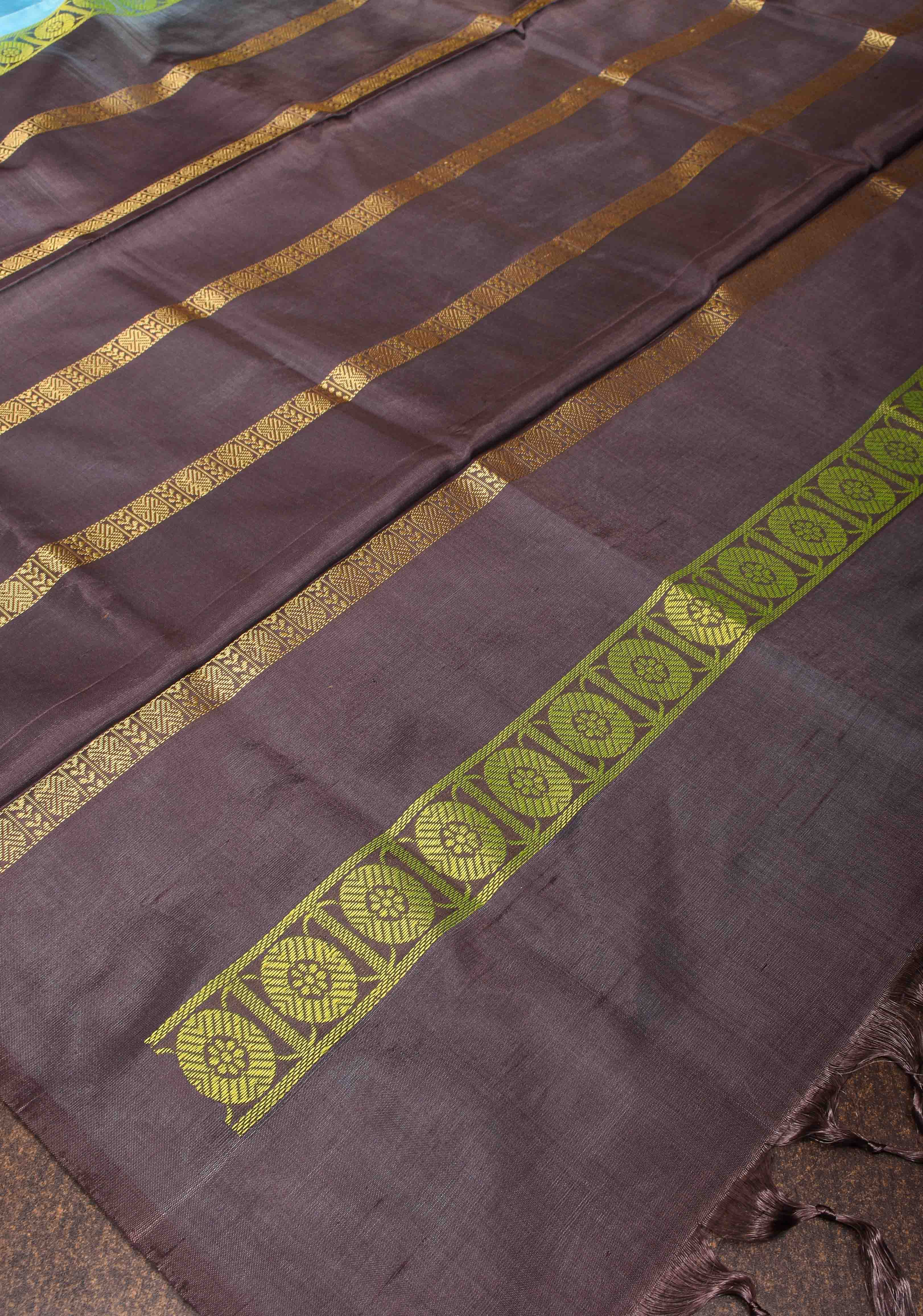 Vegan Silk Handloom Saree in Aqua Blue with Resham Stripes and Contrast Pallu, No Blouse piece | Shobitam