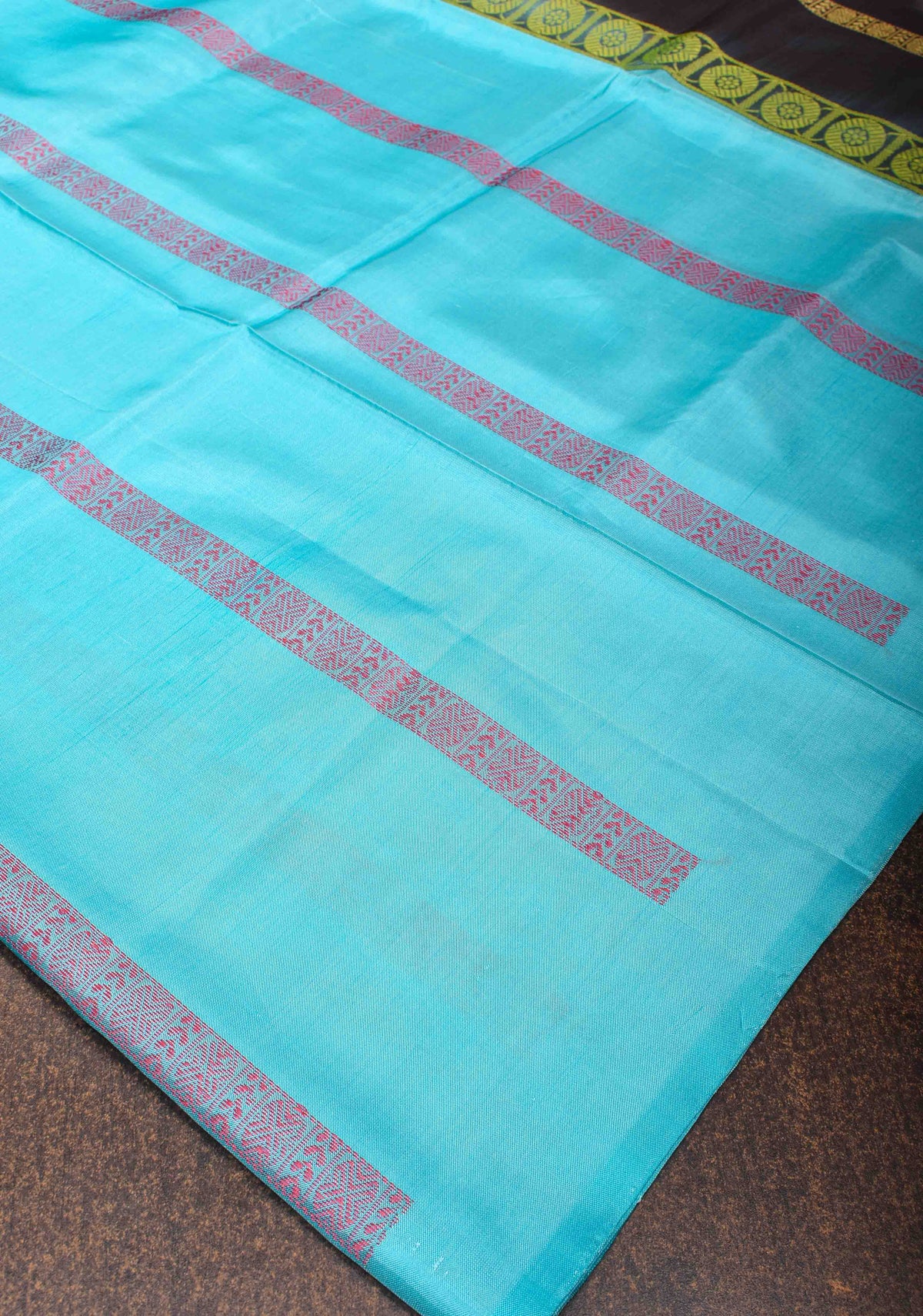 Vegan Silk Handloom Saree in Aqua Blue with Resham Stripes and Contrast Pallu, No Blouse piece | SHOBITAM