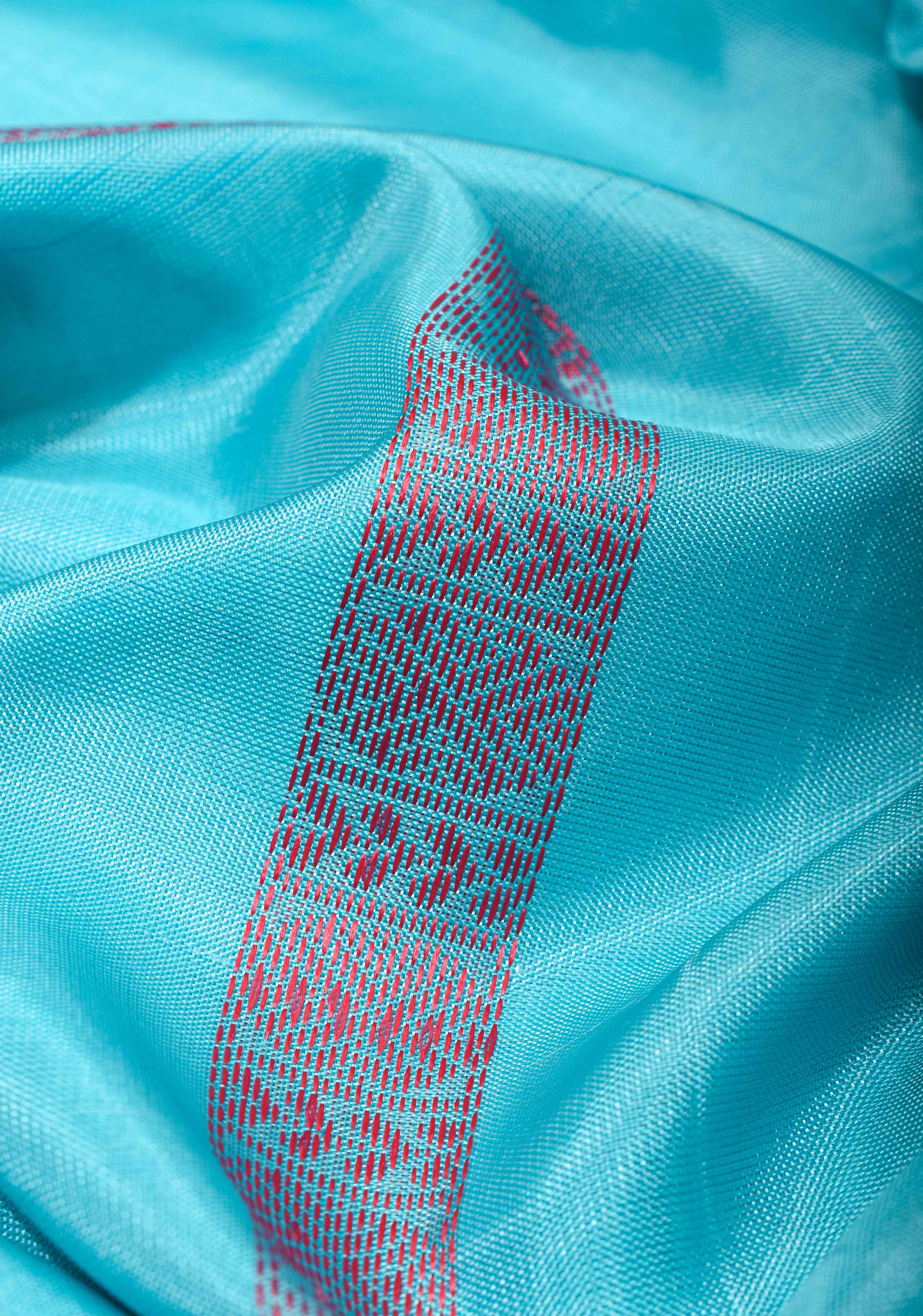 Vegan Silk Handloom Saree in Aqua Blue with Resham Stripes and Contrast Pallu, No Blouse piece | Shobitam