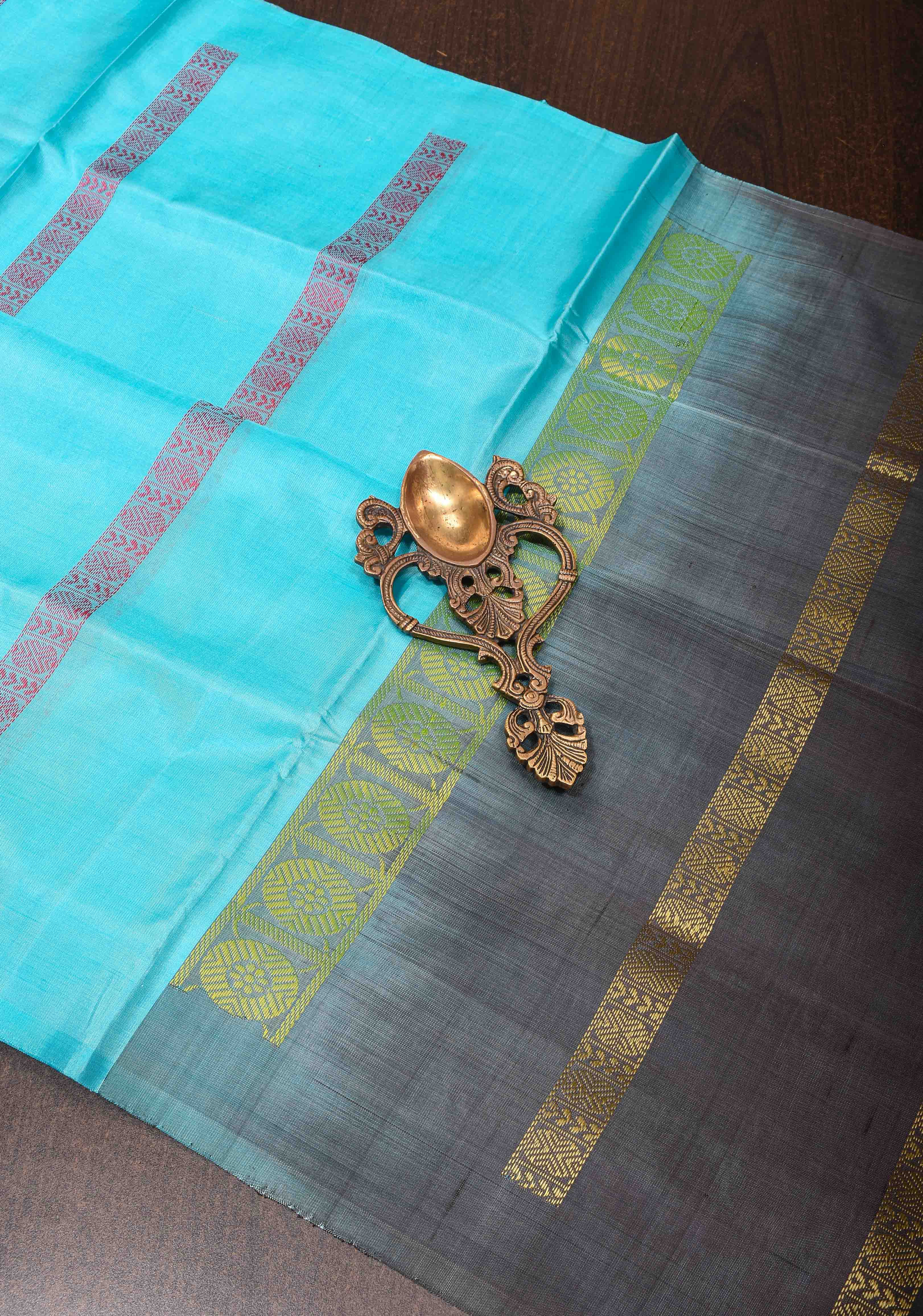 Vegan Silk Handloom Saree in Aqua Blue with Resham Stripes and Contrast Pallu, No Blouse piece | Shobitam