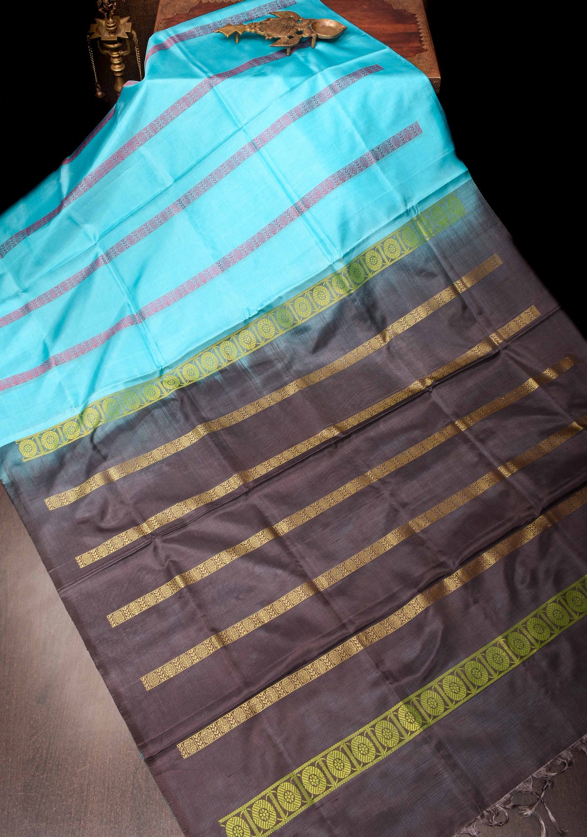 Vegan Silk Handloom Saree in Aqua Blue with Resham Stripes and Contrast Pallu, No Blouse piece | SHOBITAM