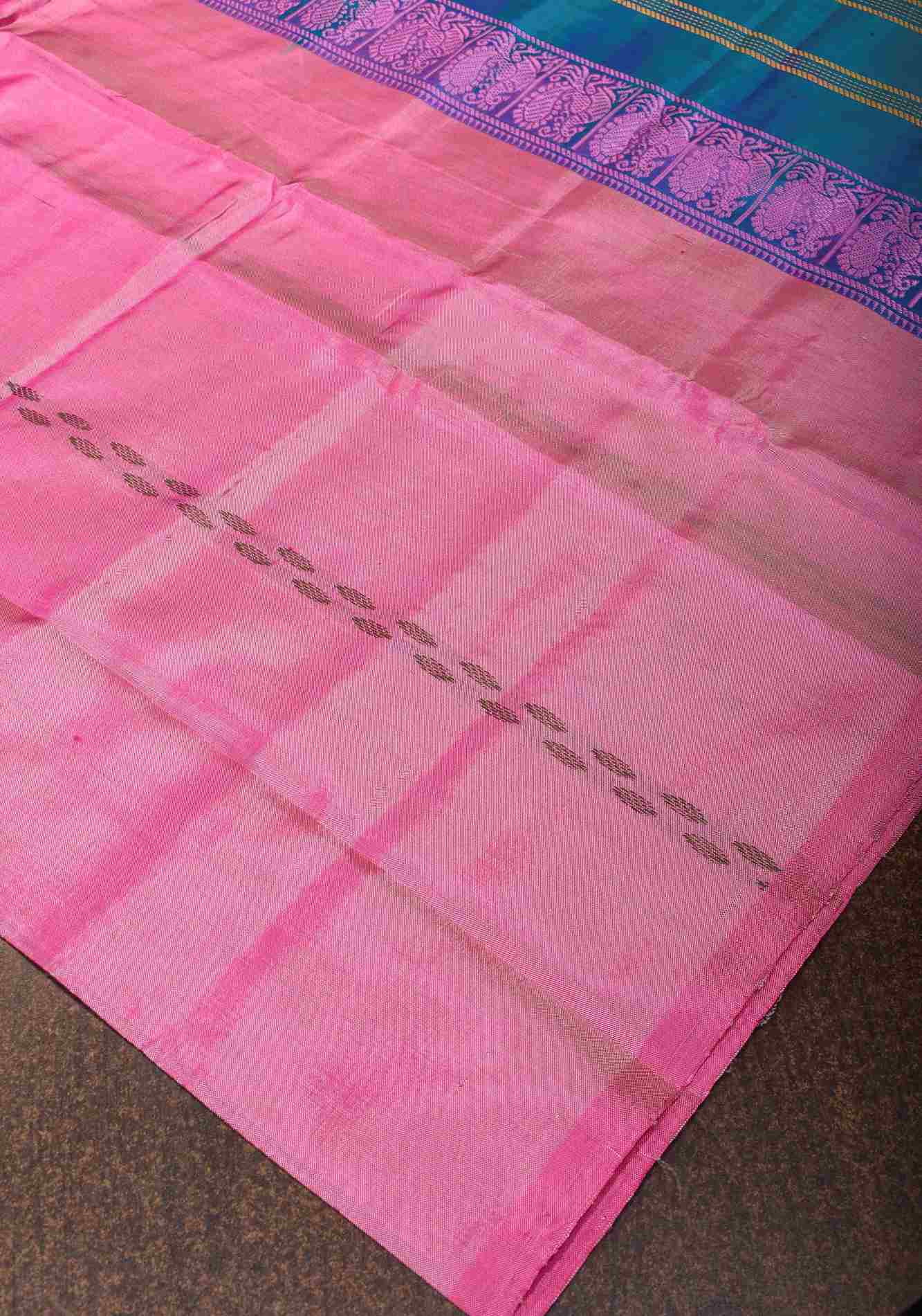 Vegan Silk Handloom predraped Saree in Pink with Teal Contrast, No Blouse Piece ready to wear saree