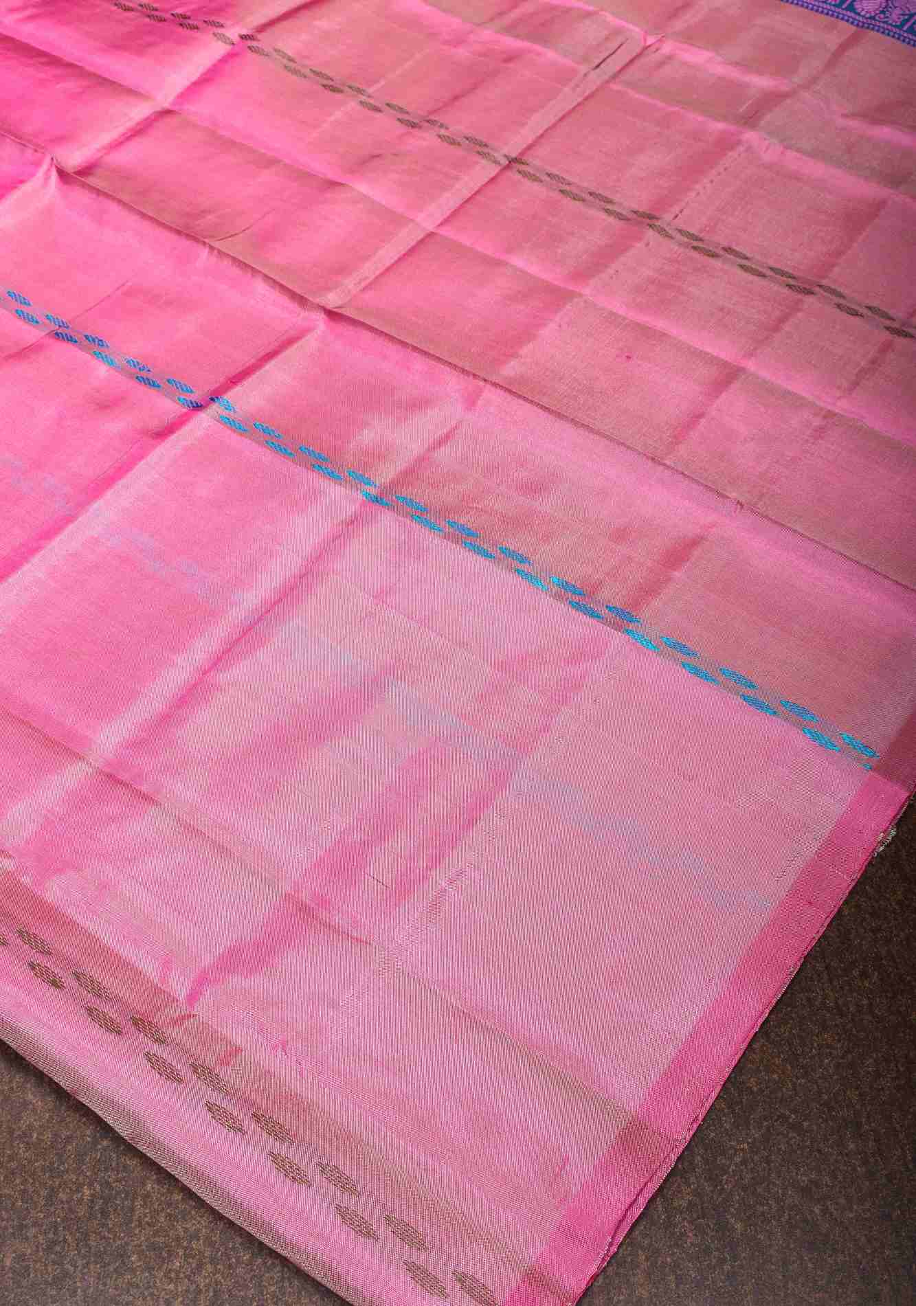 Vegan Silk Handloom predraped Saree in Pink with Teal Contrast, No Blouse Piece ready to wear saree