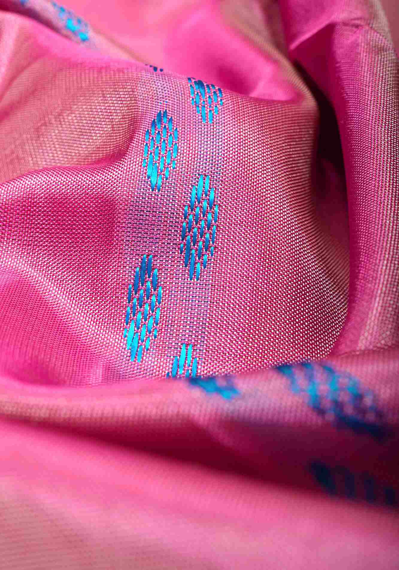 Vegan Silk Handloom predraped Saree in Pink with Teal Contrast, No Blouse Piece ready to wear saree