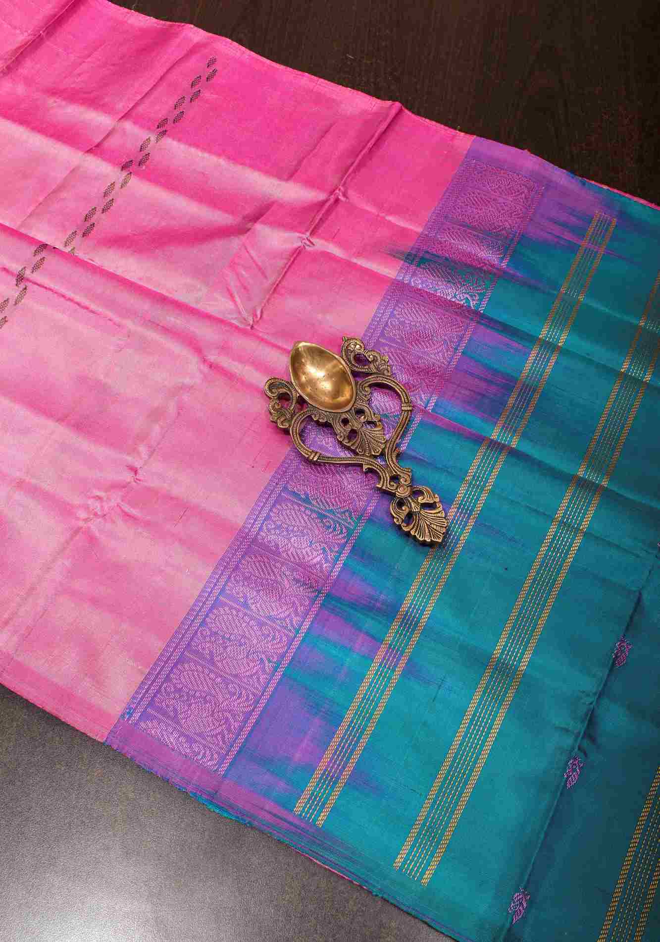 Vegan Silk Handloom predraped Saree in Pink with Teal Contrast, No Blouse Piece ready to wear saree