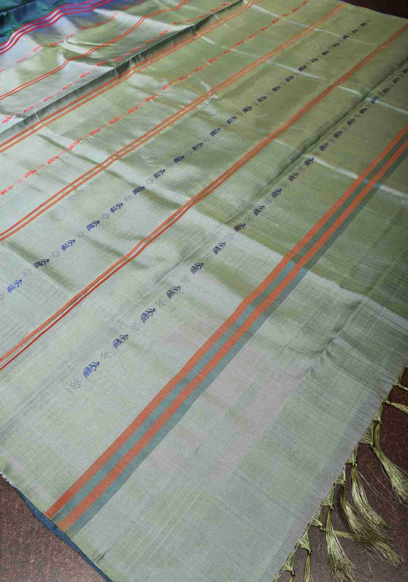 Vegan Silk Handloom prestitch Saree in Teal with Resham Stripes , No Blouse piece Ready to wear saree