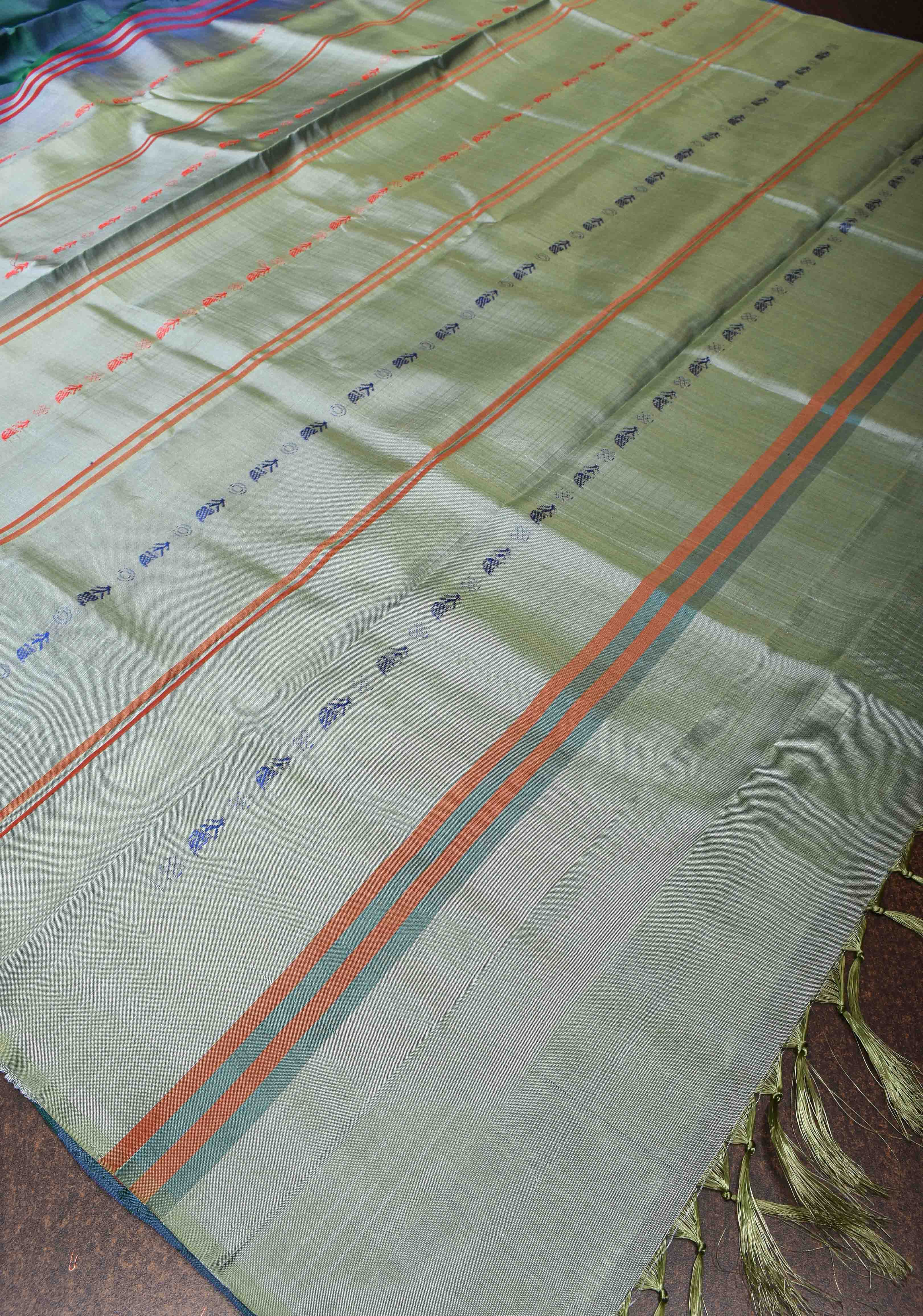 Vegan Silk Handloom Saree in Teal with Resham Stripes , No Blouse piece | SHOBITAM