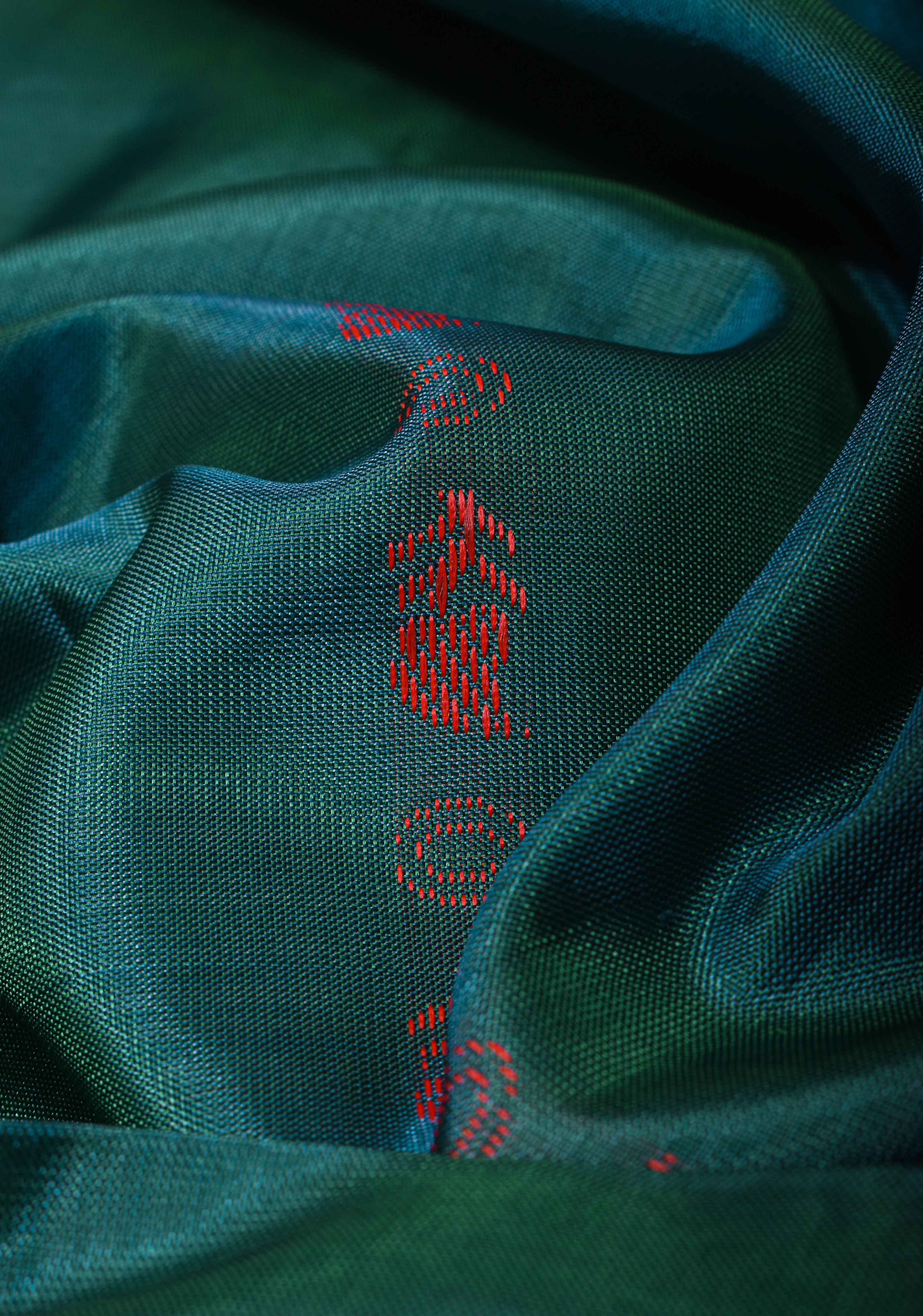 Vegan Silk Handloom Saree in Teal with Resham Stripes , No Blouse piece | SHOBITAM