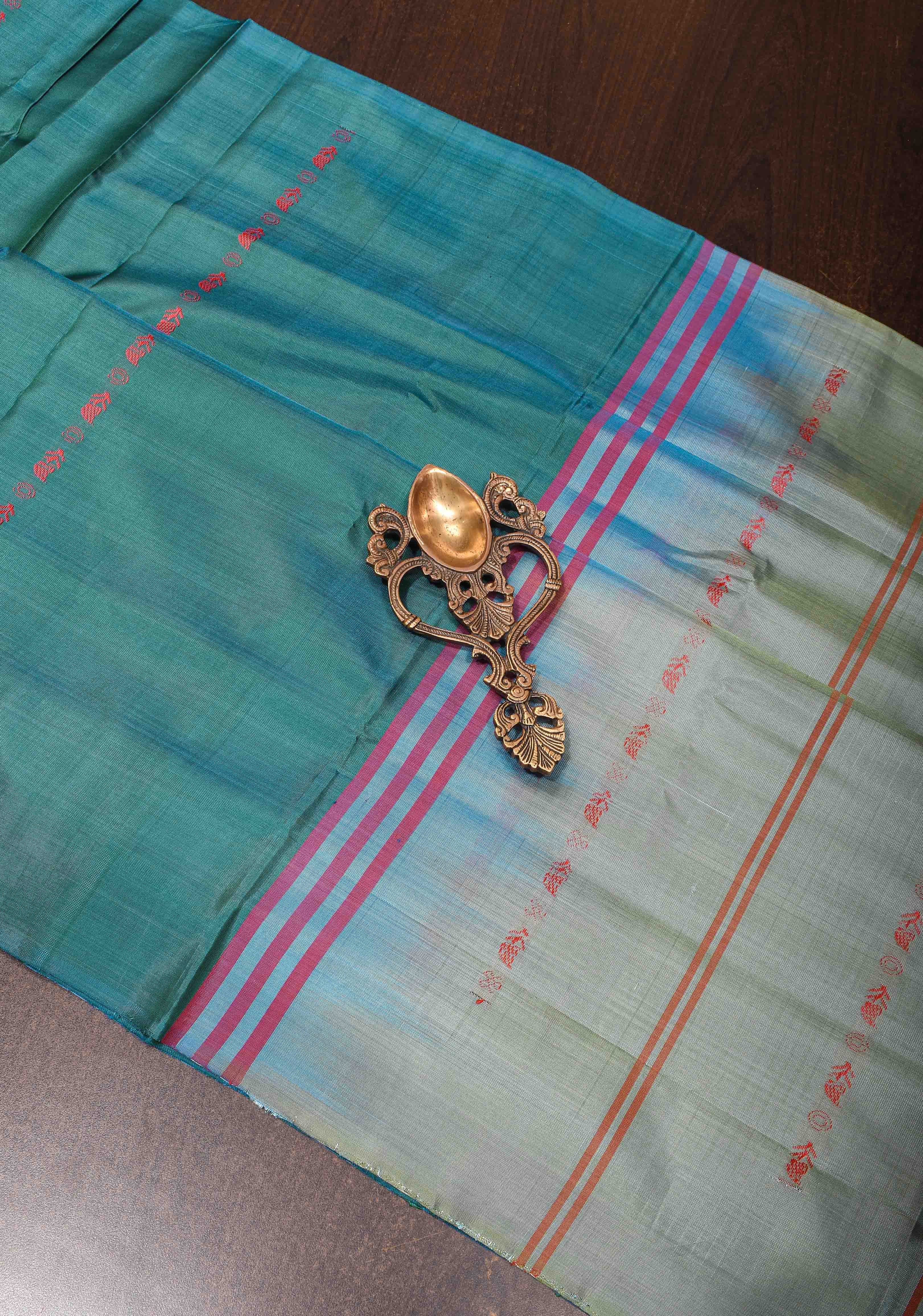 Vegan Silk Handloom Saree in Teal with Resham Stripes , No Blouse piece | SHOBITAM
