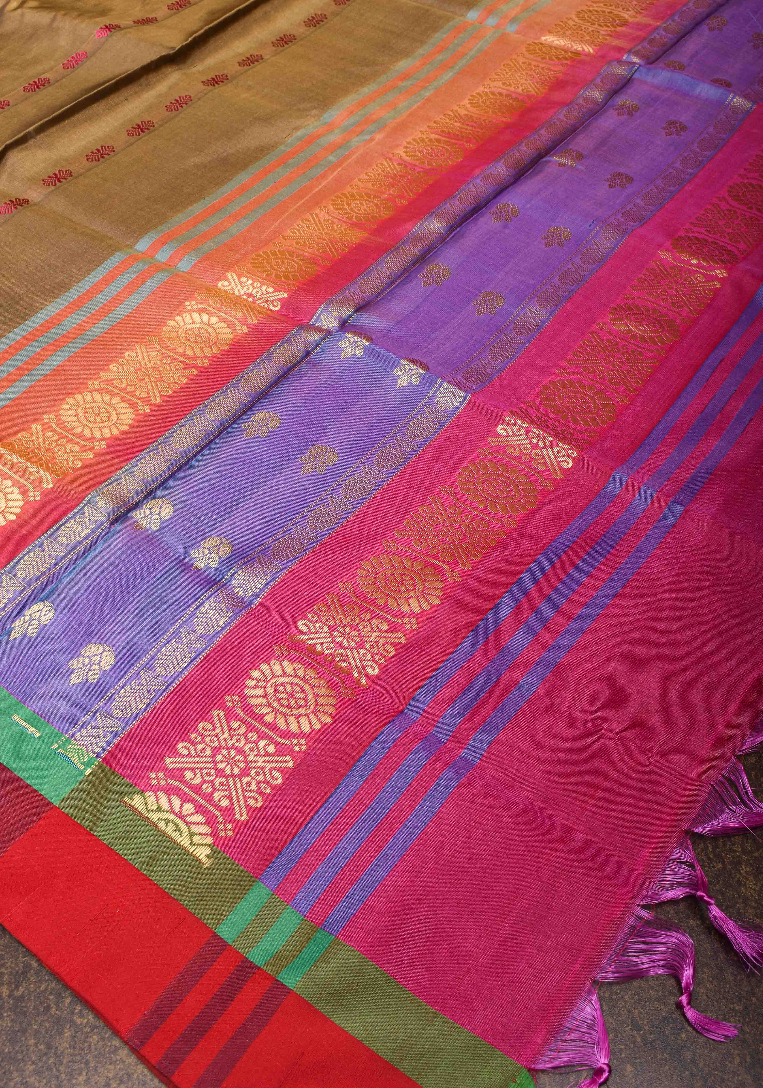 Vegan Silk Handloom Saree in French Beige with Resham Buttas and Contrast Pallu , No Blouse piece | SHOBITAM