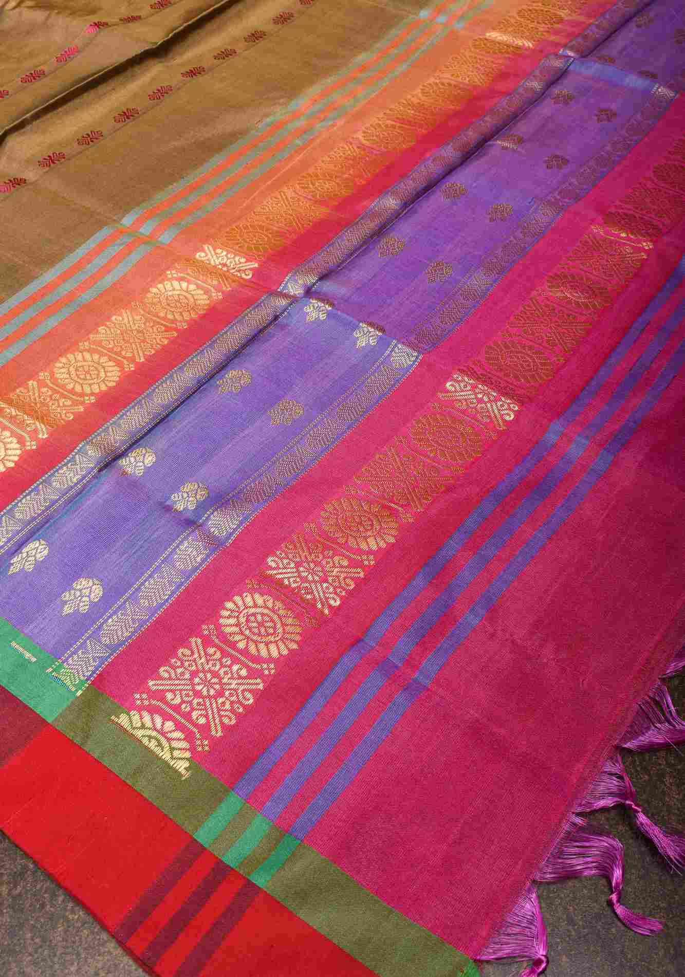 Vegan Silk Handloom prestitched Saree in French Beige with Resham Buttas and Contrast Pallu , No Blouse piece Ready to wear saree