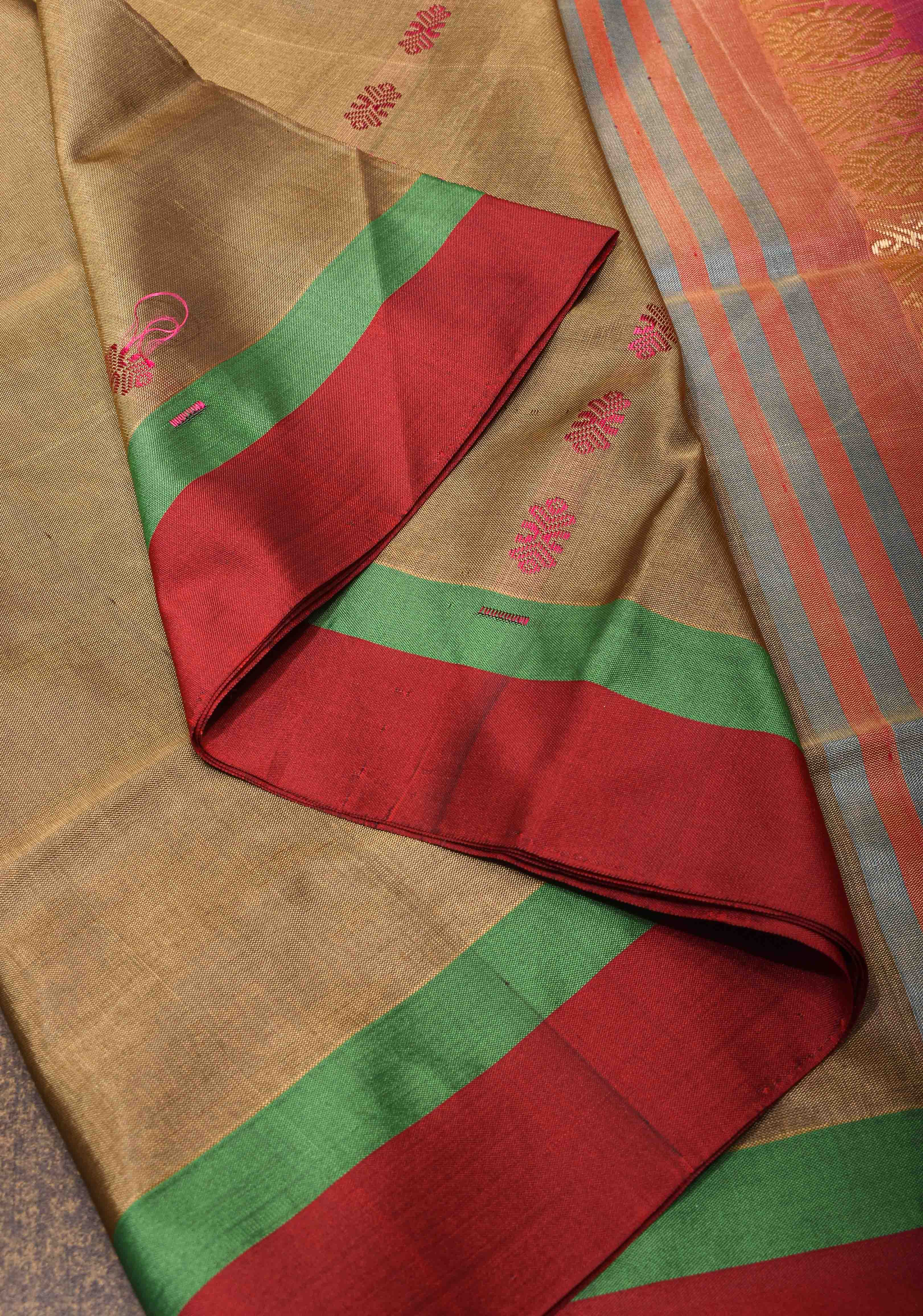 Vegan Silk Handloom Saree in French Beige with Resham Buttas and Contrast Pallu , No Blouse piece | Shobitam