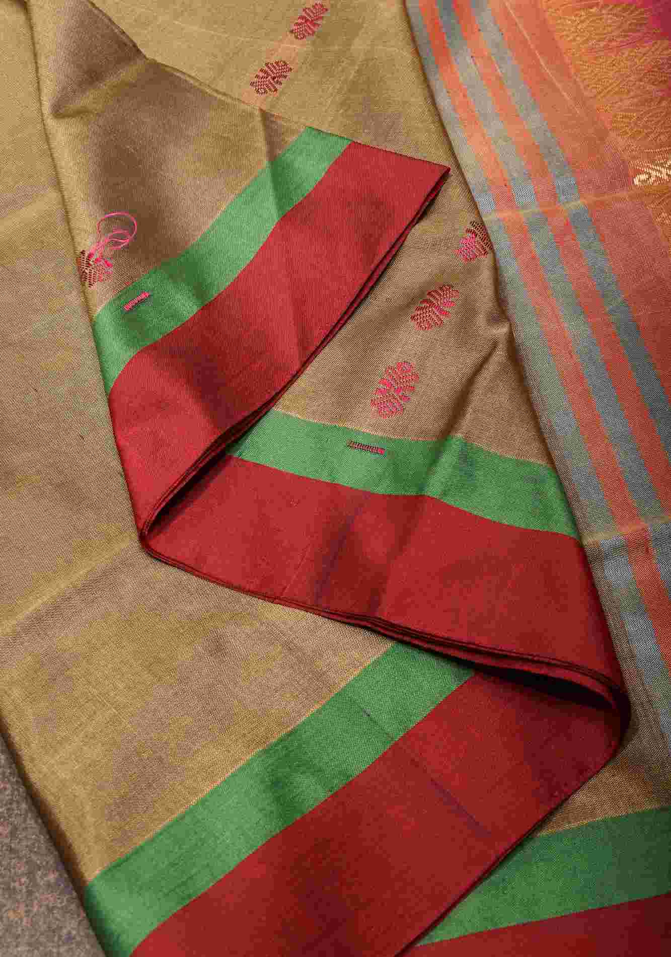 Vegan Silk Handloom prestitched Saree in French Beige with Resham Buttas and Contrast Pallu , No Blouse piece Ready to wear saree