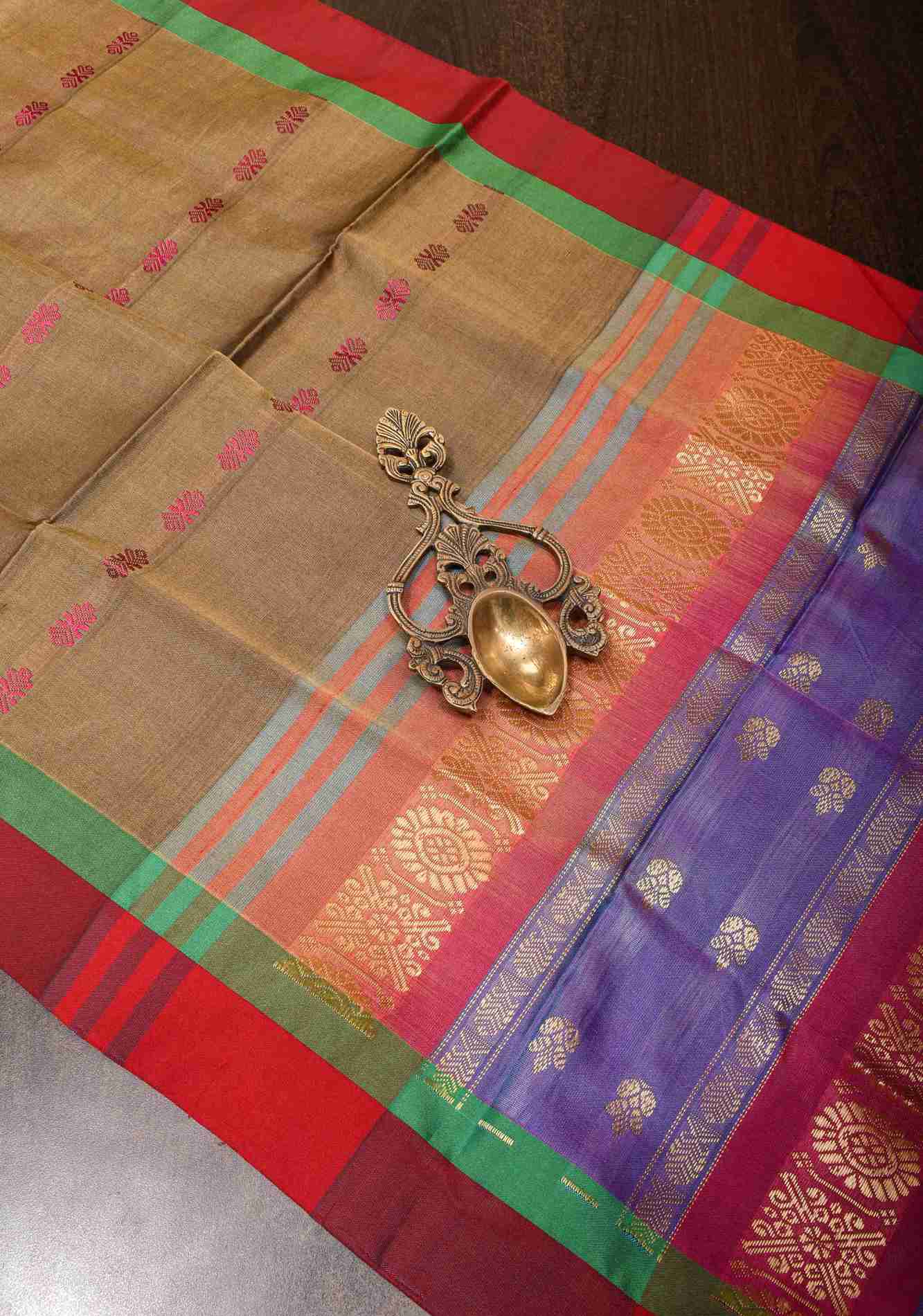 Vegan Silk Handloom prestitched Saree in French Beige with Resham Buttas and Contrast Pallu , No Blouse piece Ready to wear saree