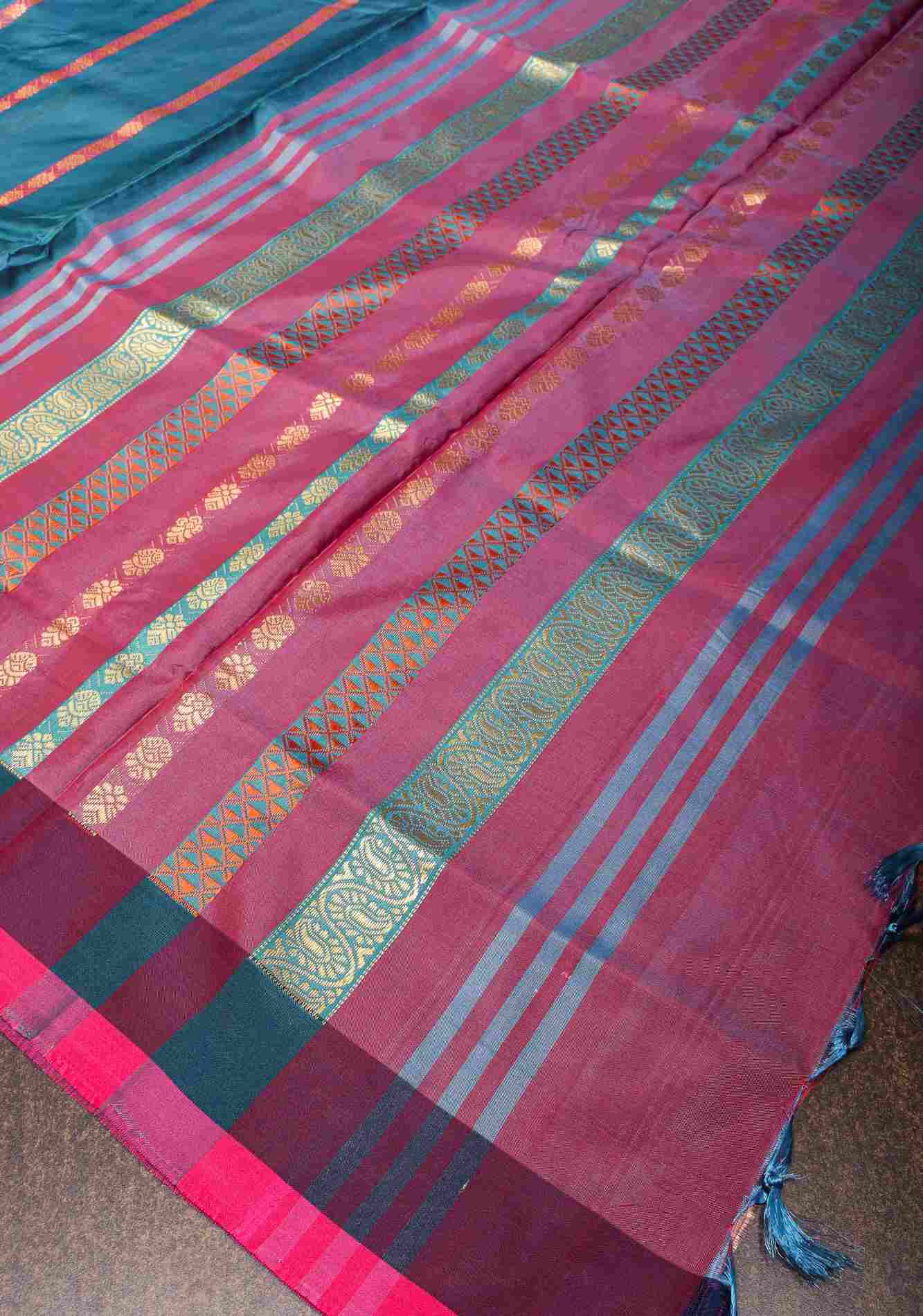 Vegan Silk Handloom predraped Saree in Peacock Blue with Resham Buttas and Contrast Pallu , No Blouse piece ready to wear saree