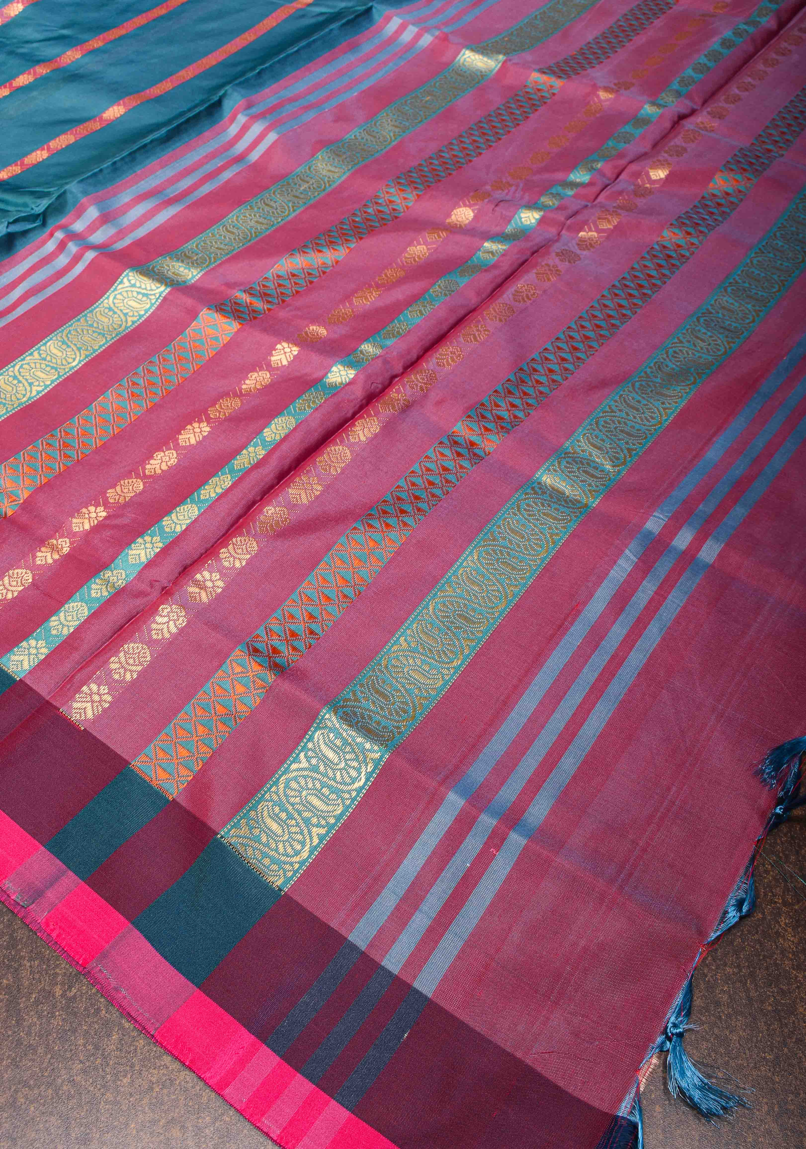 Vegan Silk Handloom Saree in Peacock Blue with Resham Buttas and Contrast Pallu , No Blouse piece | SHOBITAM