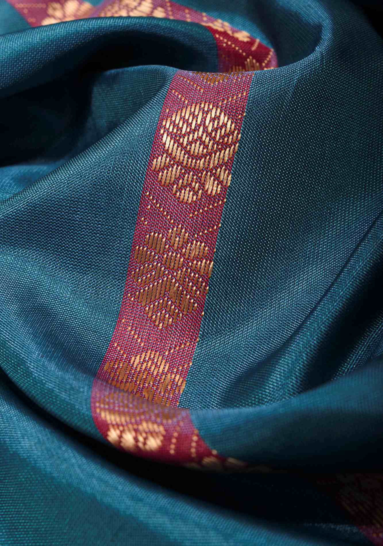 Vegan Silk Handloom predraped Saree in Peacock Blue with Resham Buttas and Contrast Pallu , No Blouse piece ready to wear saree