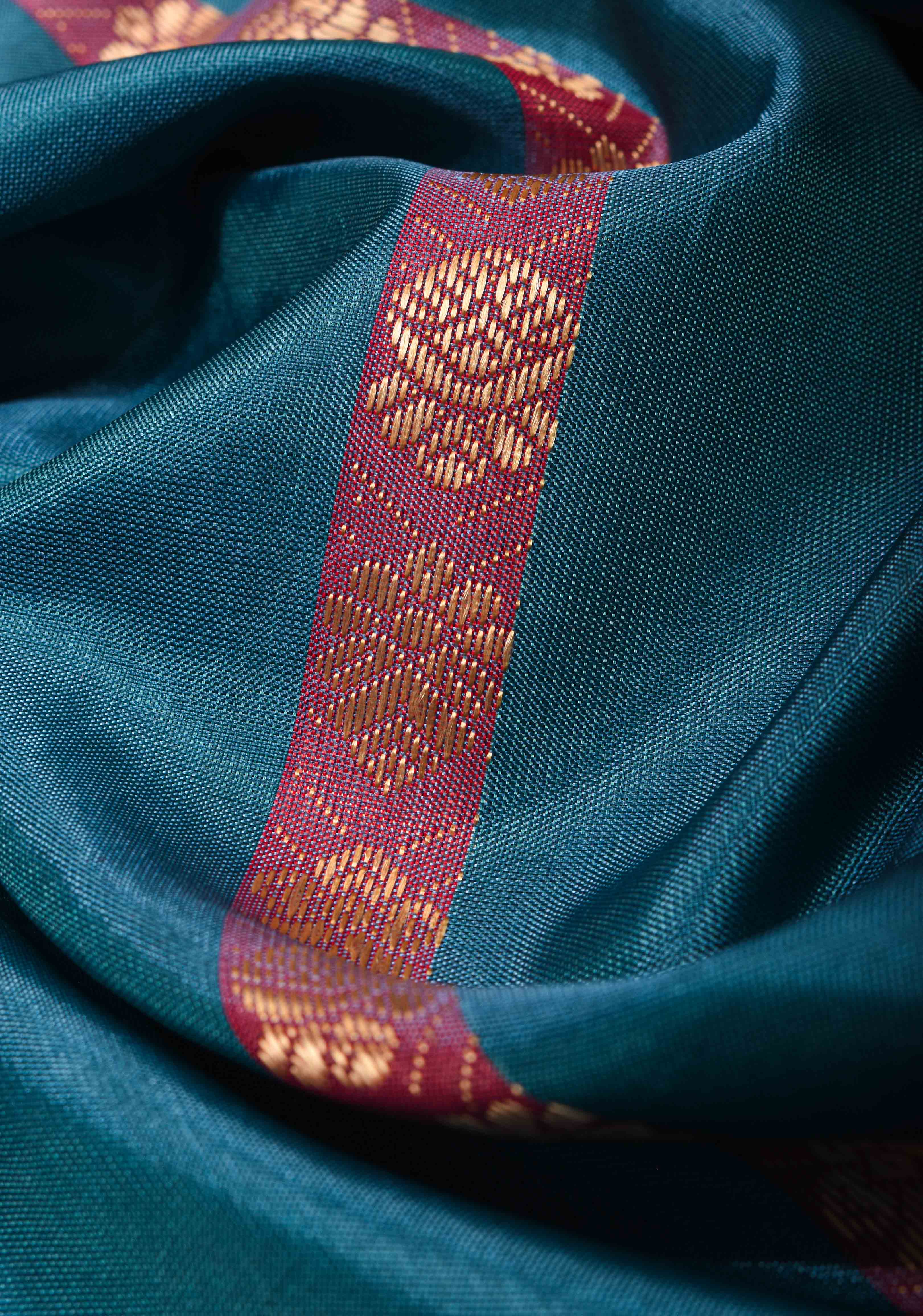 Vegan Silk Handloom Saree in Peacock Blue with Resham Buttas and Contrast Pallu , No Blouse piece | SHOBITAM
