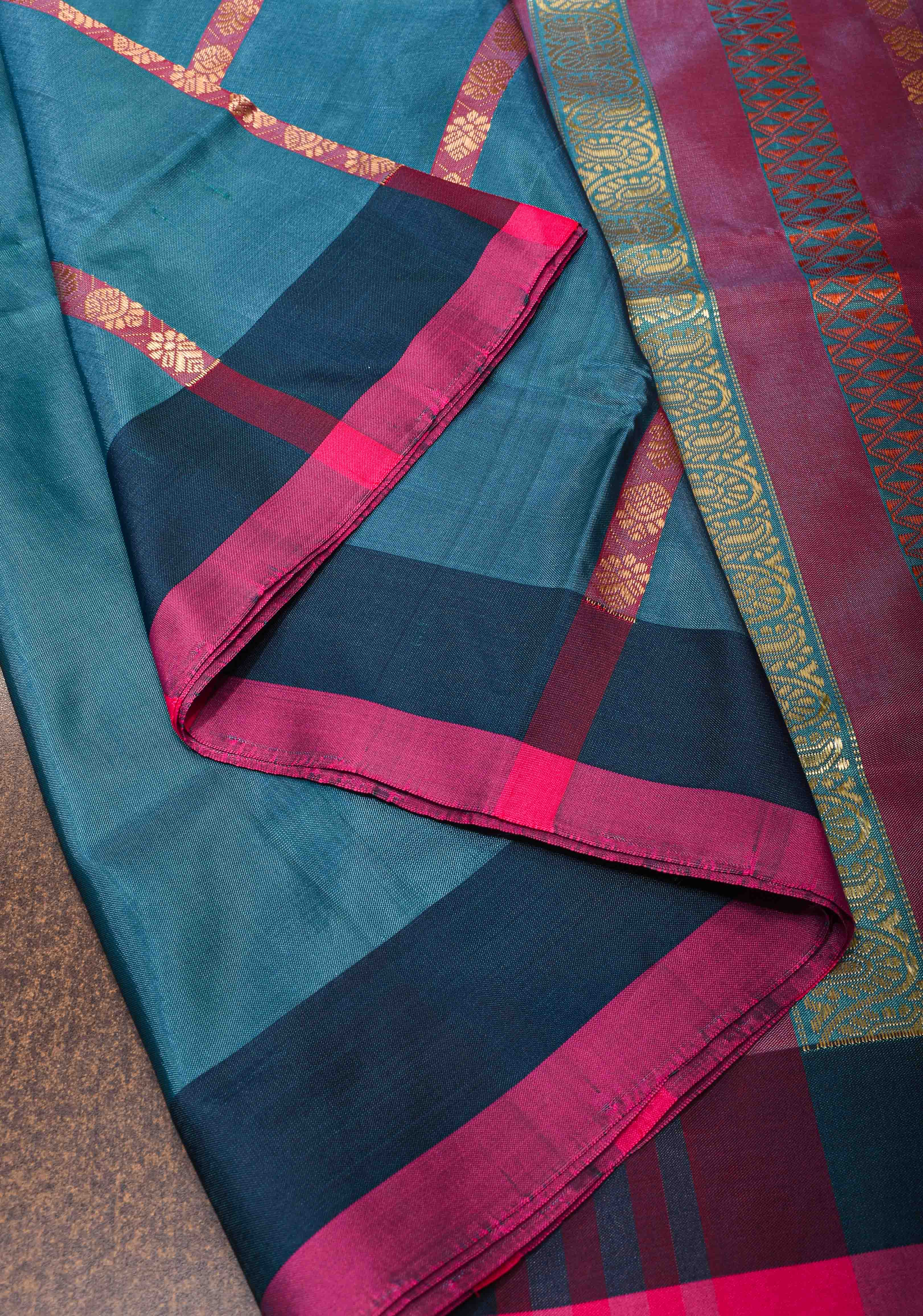 Vegan Silk Handloom Saree in Peacock Blue with Resham Buttas and Contrast Pallu , No Blouse piece | SHOBITAM