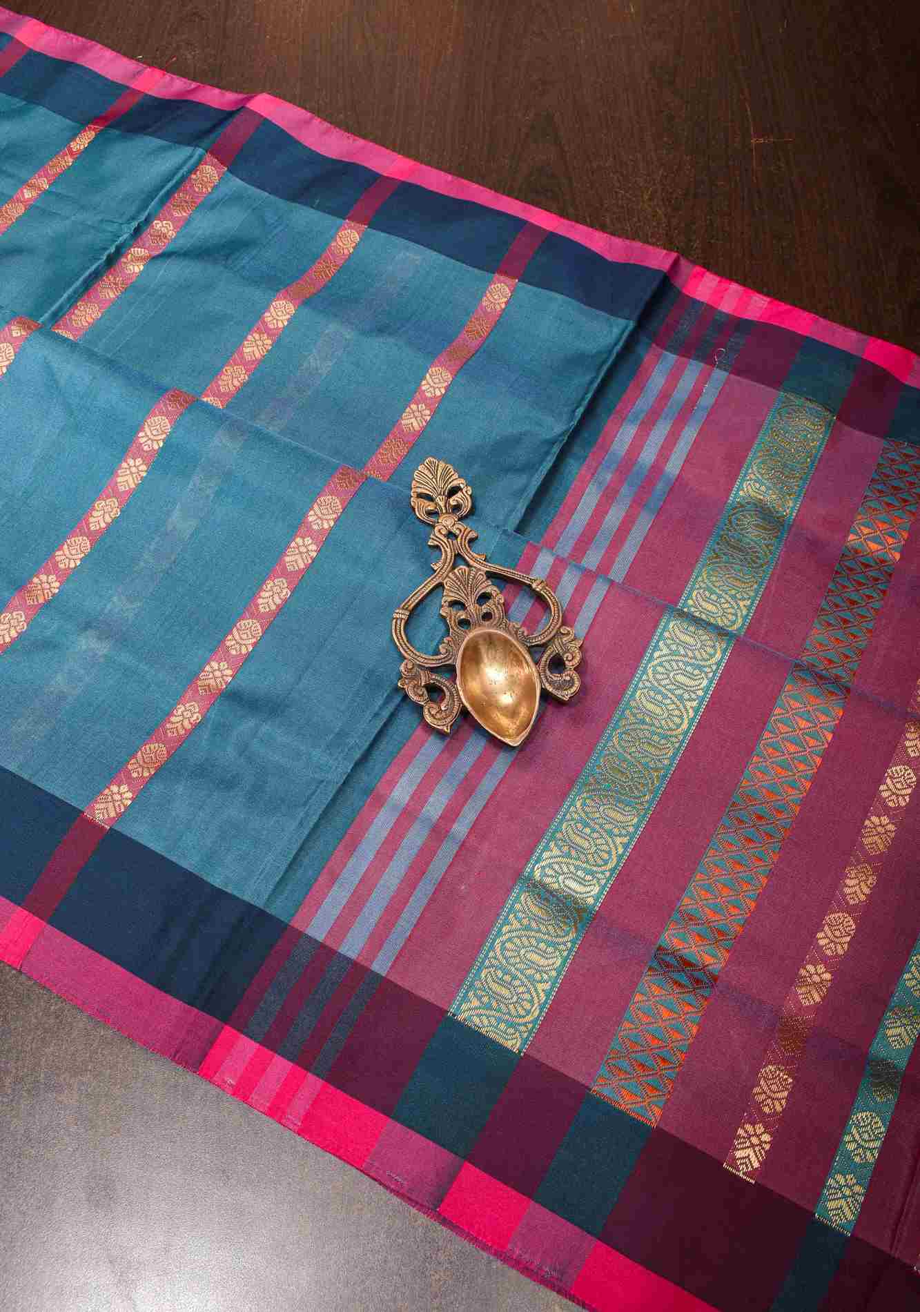 Vegan Silk Handloom predraped Saree in Peacock Blue with Resham Buttas and Contrast Pallu , No Blouse piece ready to wear saree