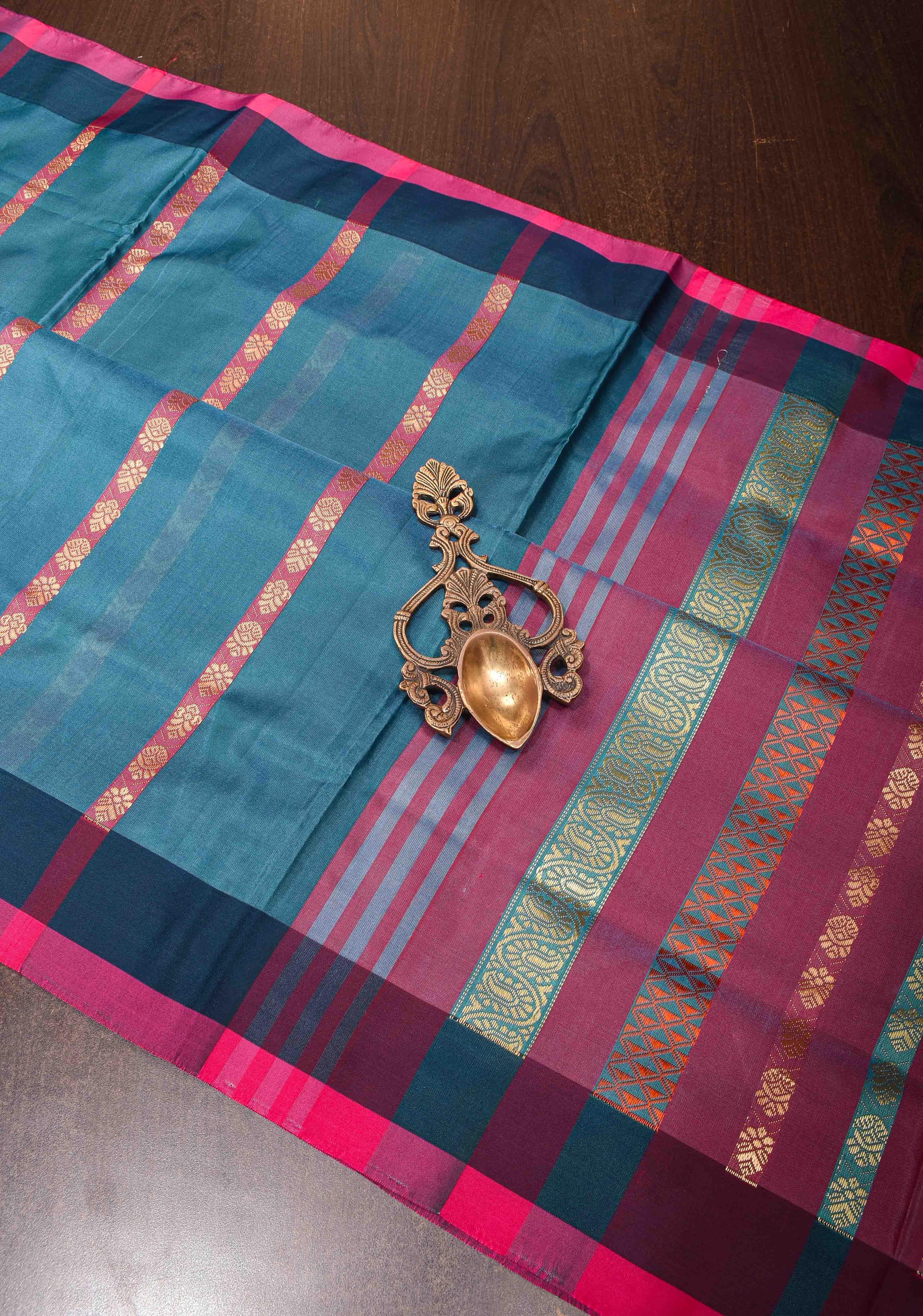 Vegan Silk Handloom Saree in Peacock Blue with Resham Buttas and Contrast Pallu , No Blouse piece | SHOBITAM