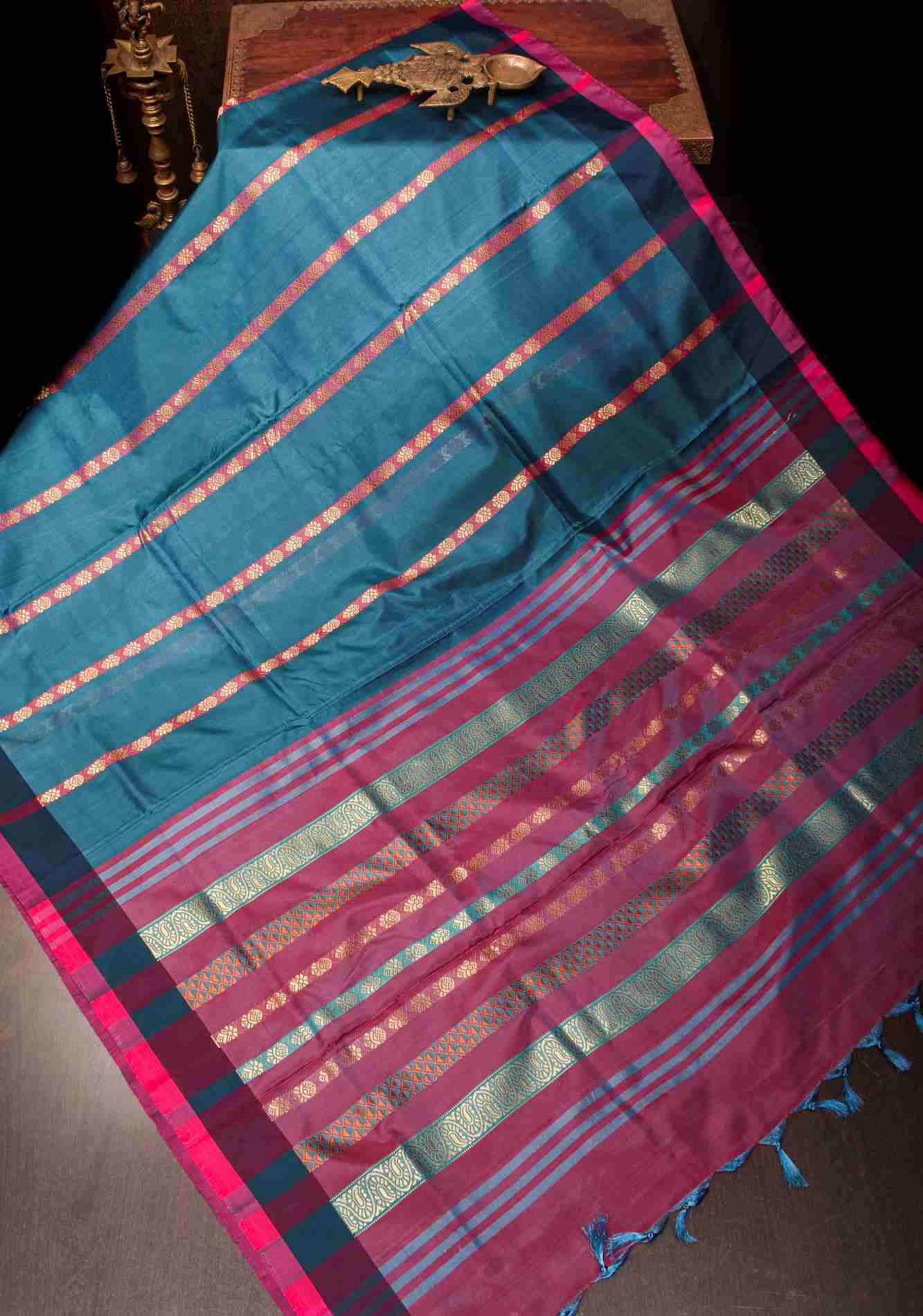 Vegan Silk Handloom predraped Saree in Peacock Blue with Resham Buttas and Contrast Pallu , No Blouse piece ready to wear saree