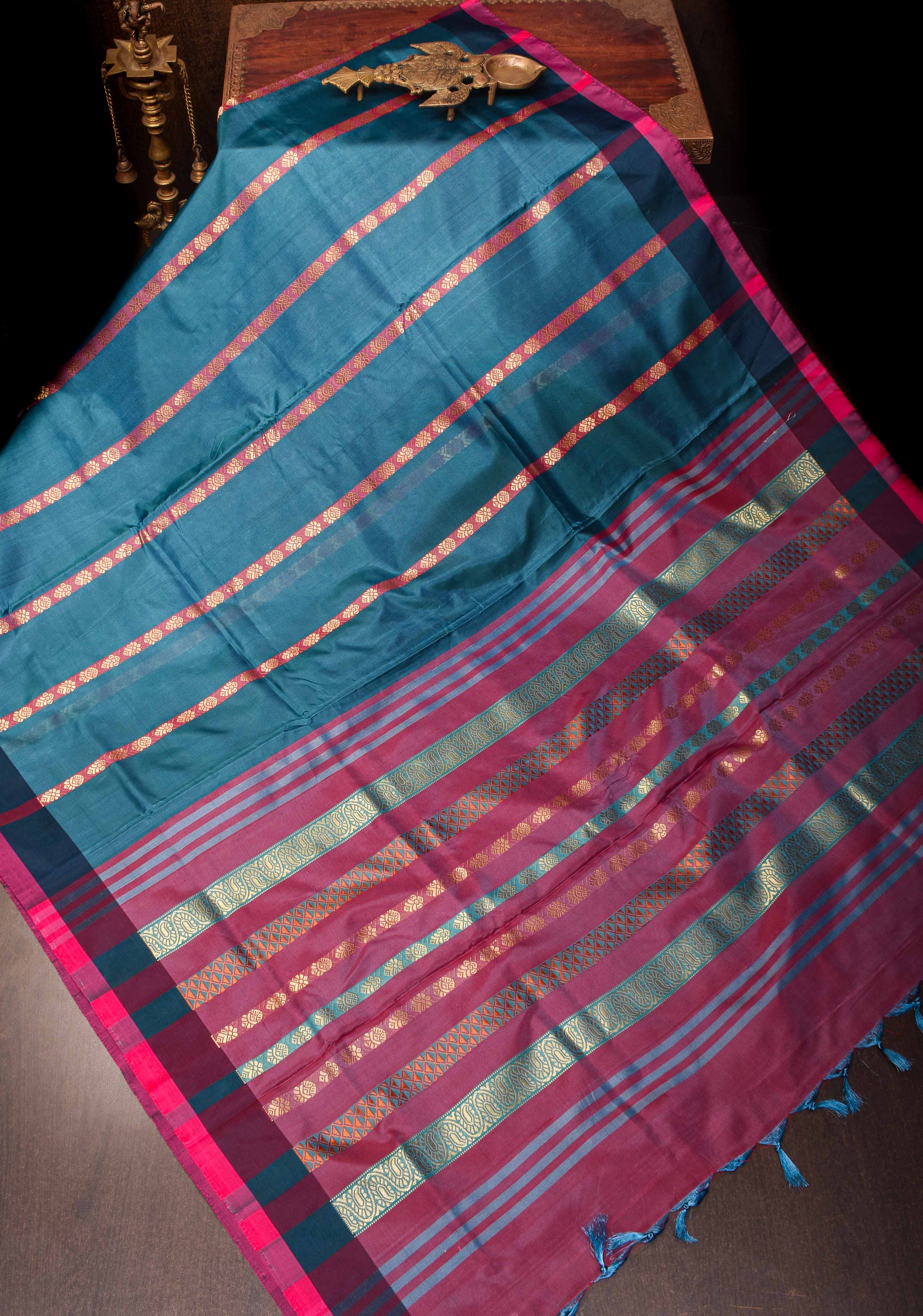 Vegan Silk Handloom Saree in Peacock Blue with Resham Buttas and Contrast Pallu , No Blouse piece | SHOBITAM